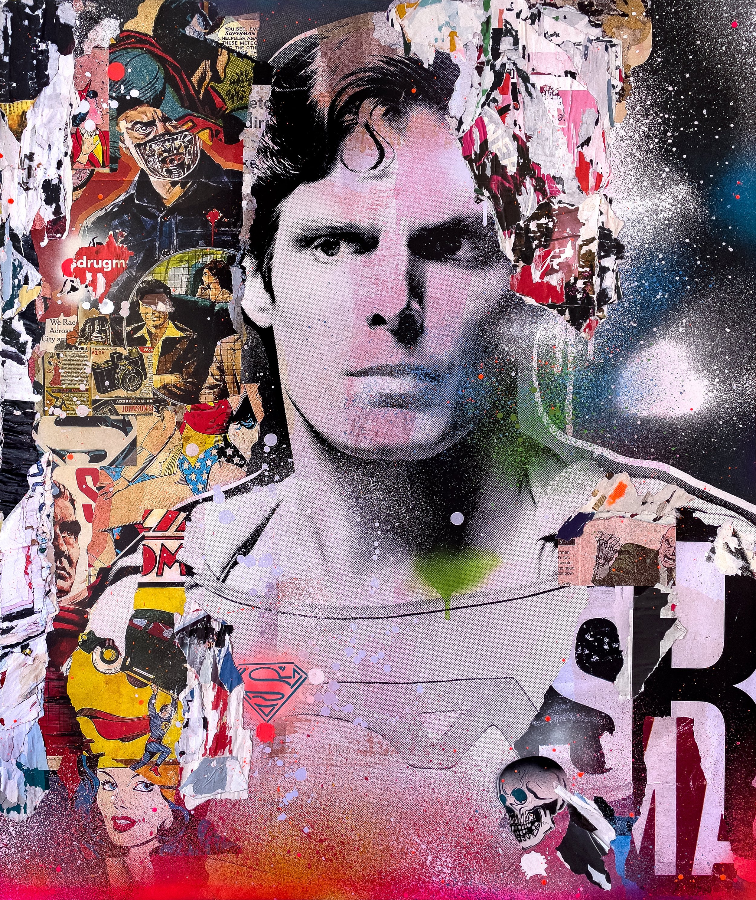 "Christopher Reeves, Superman" 2021. 60"x50" Pigment, spray &amp; acrylic paint, paper, glue &amp; varnish on canvas