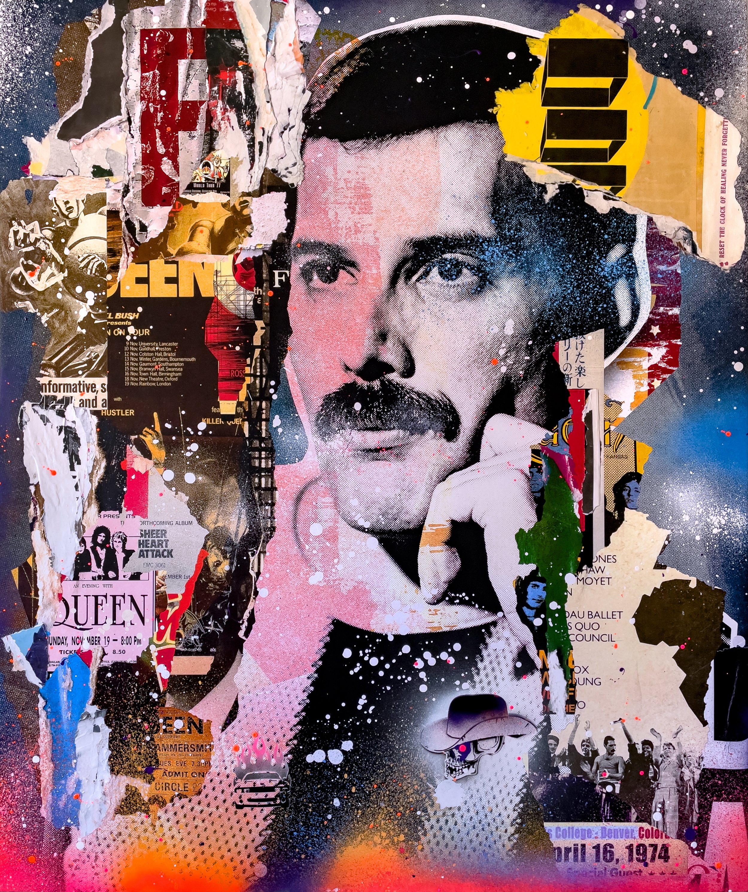"Freddie" 2021. 48"x40" Pigment, spray &amp; acrylic paint, paper, glue &amp; varnish on canvas