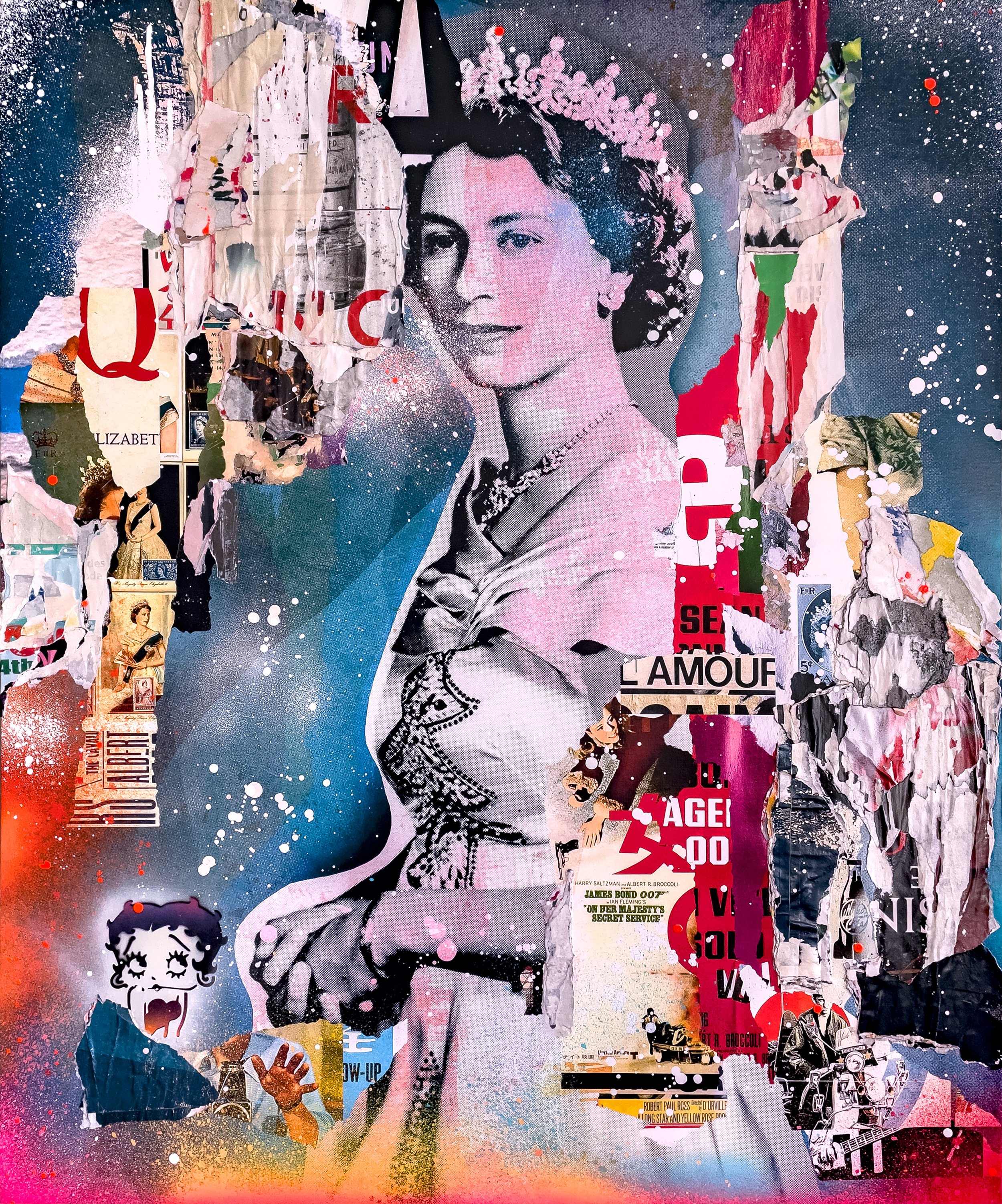 "Her Majesty" 2021. 48"x40" Pigment, spray &amp; acrylic paint, paper, glue &amp; varnish on canvas
