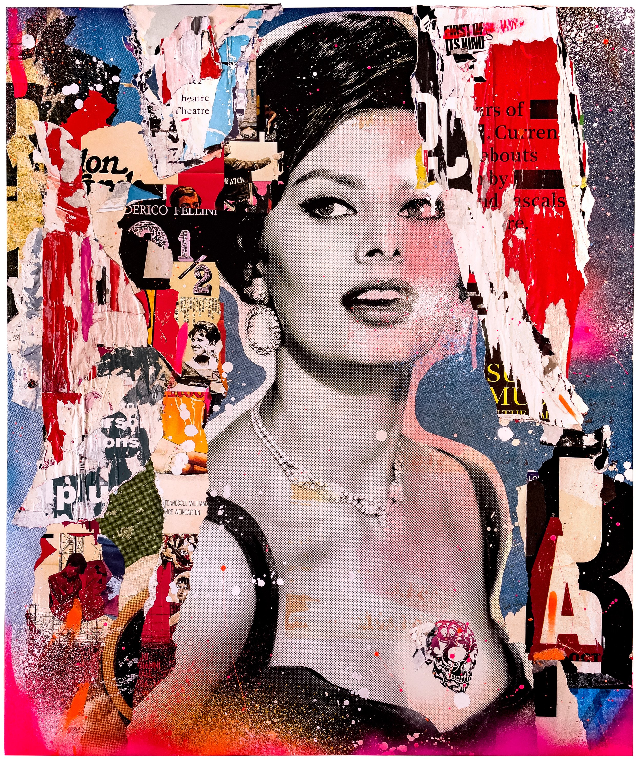 "Sophia" 2022. 60"x50" Pigment, spray &amp; acrylic paint, paper, glue &amp; varnish on canvas