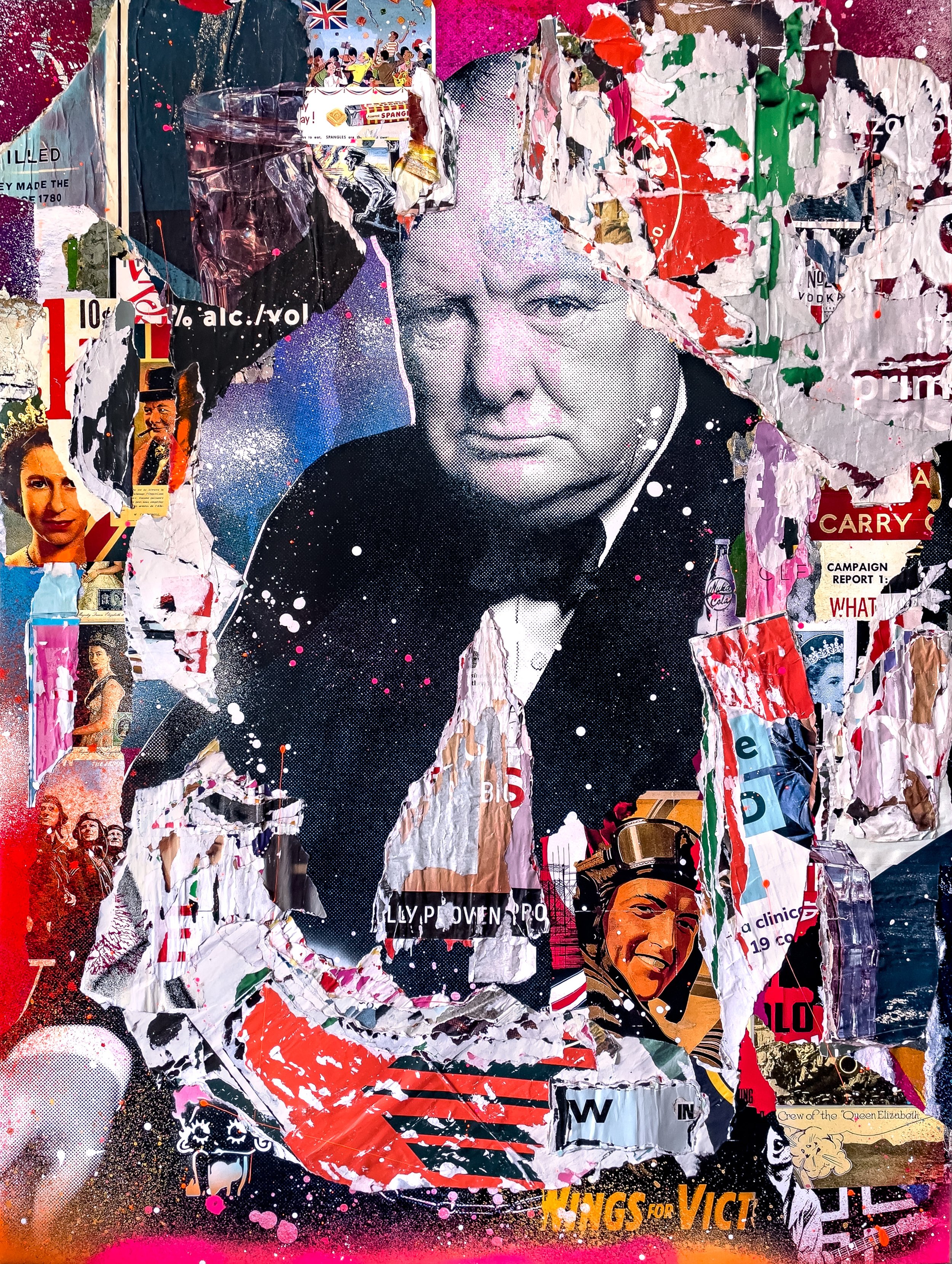 "Churchill" 2022. 72"x54" Pigment, spray &amp; acrylic paint, paper, glue &amp; varnish on canvas