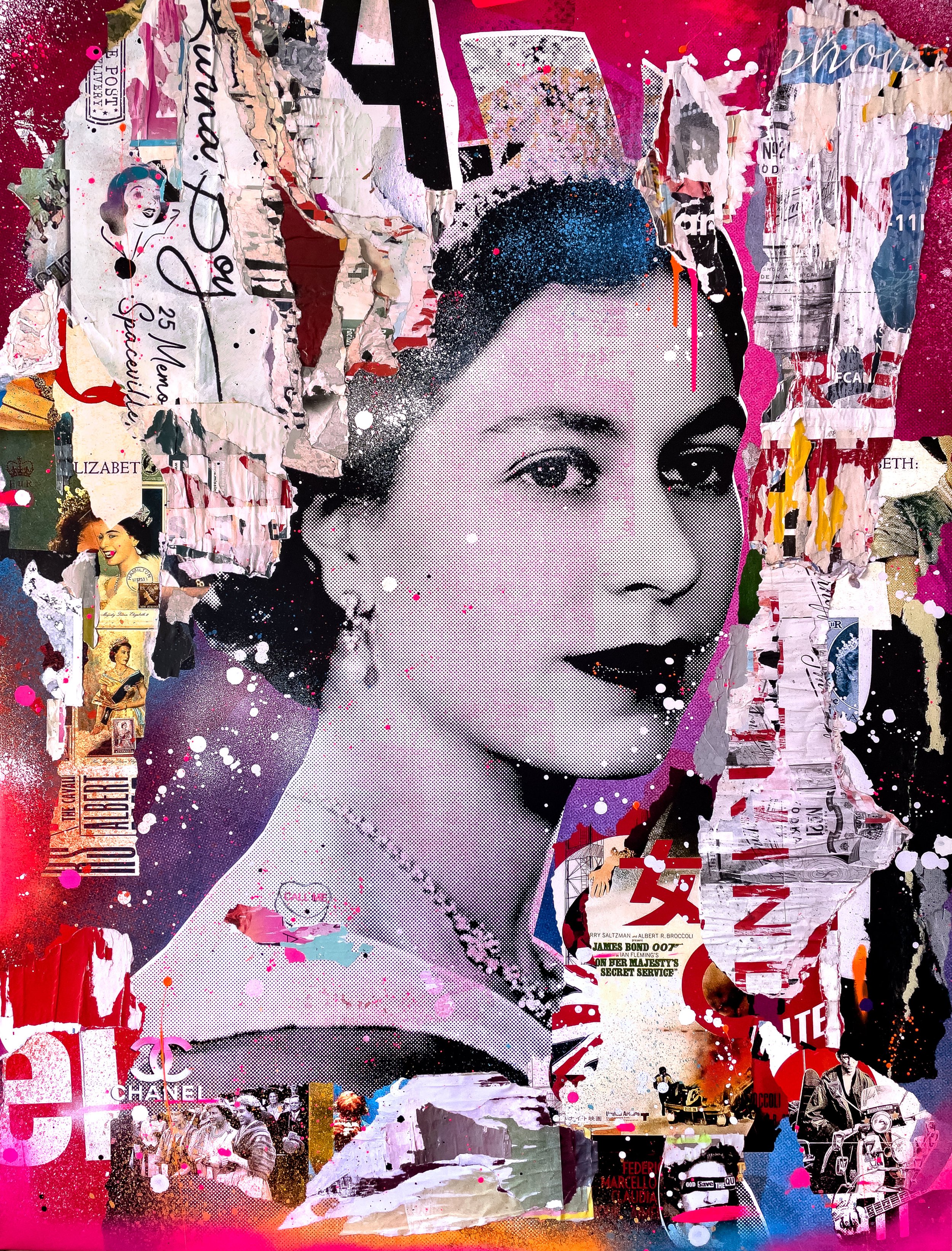 "God Save The Queen" 2022. 72"x54" Pigment, spray &amp; acrylic paint, paper, glue &amp; varnish on canvas