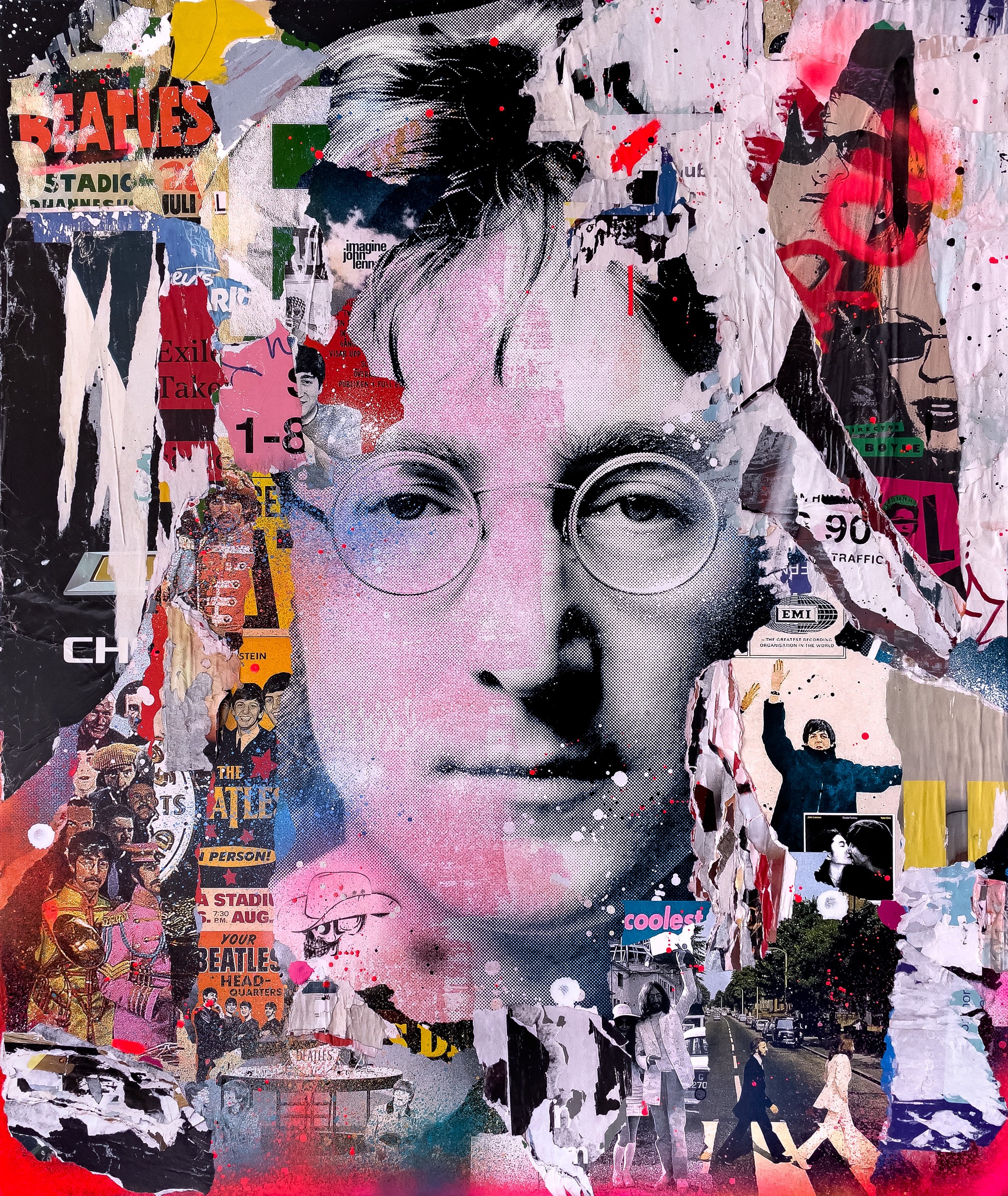 "Lennon" 2022. 60"x50" Pigment, spray &amp; acrylic paint, paper, glue &amp; varnish on canvas