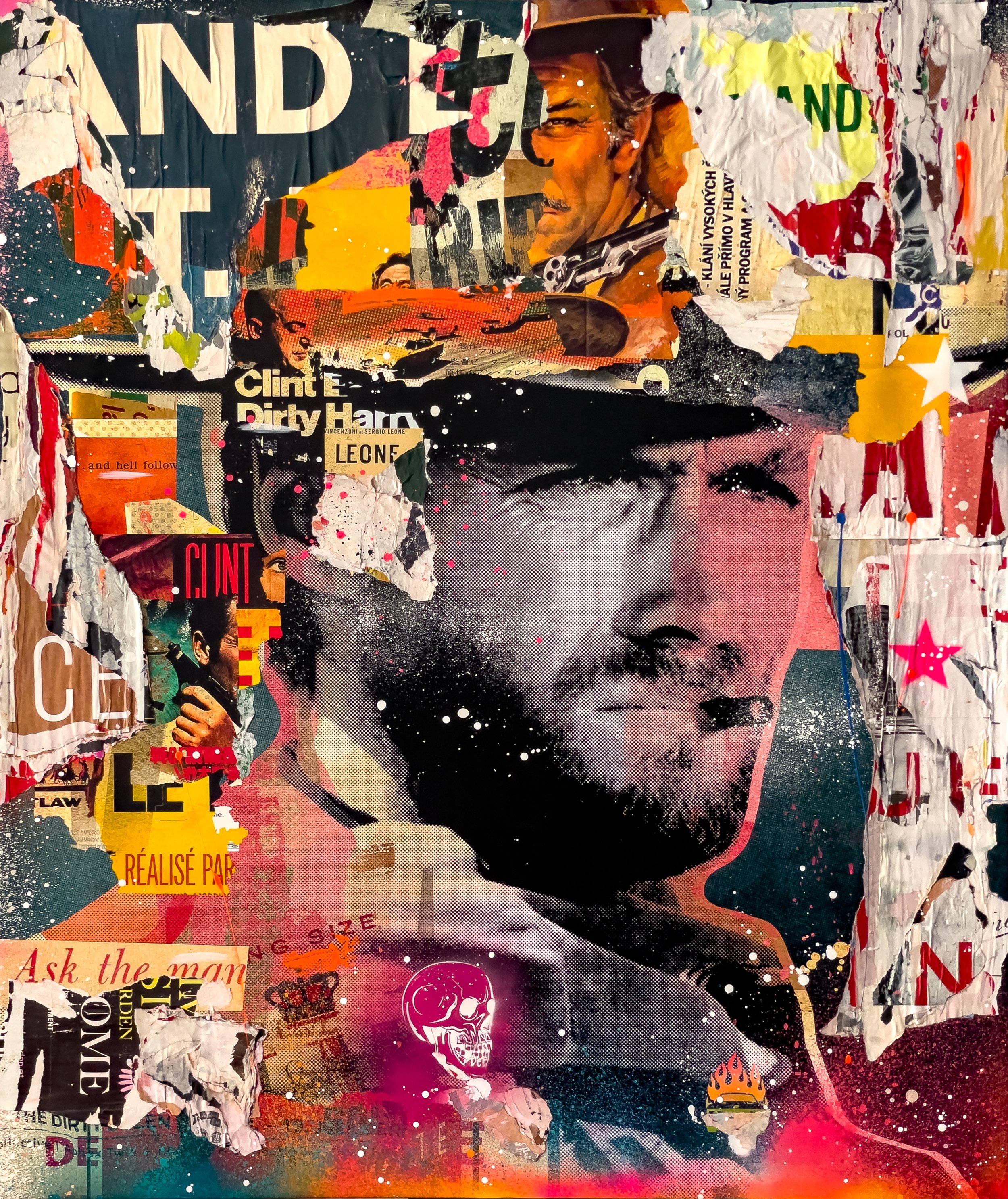 "Eastwood" 2022. 60"x50" Pigment, spray &amp; acrylic paint, paper, glue &amp; varnish on canvas