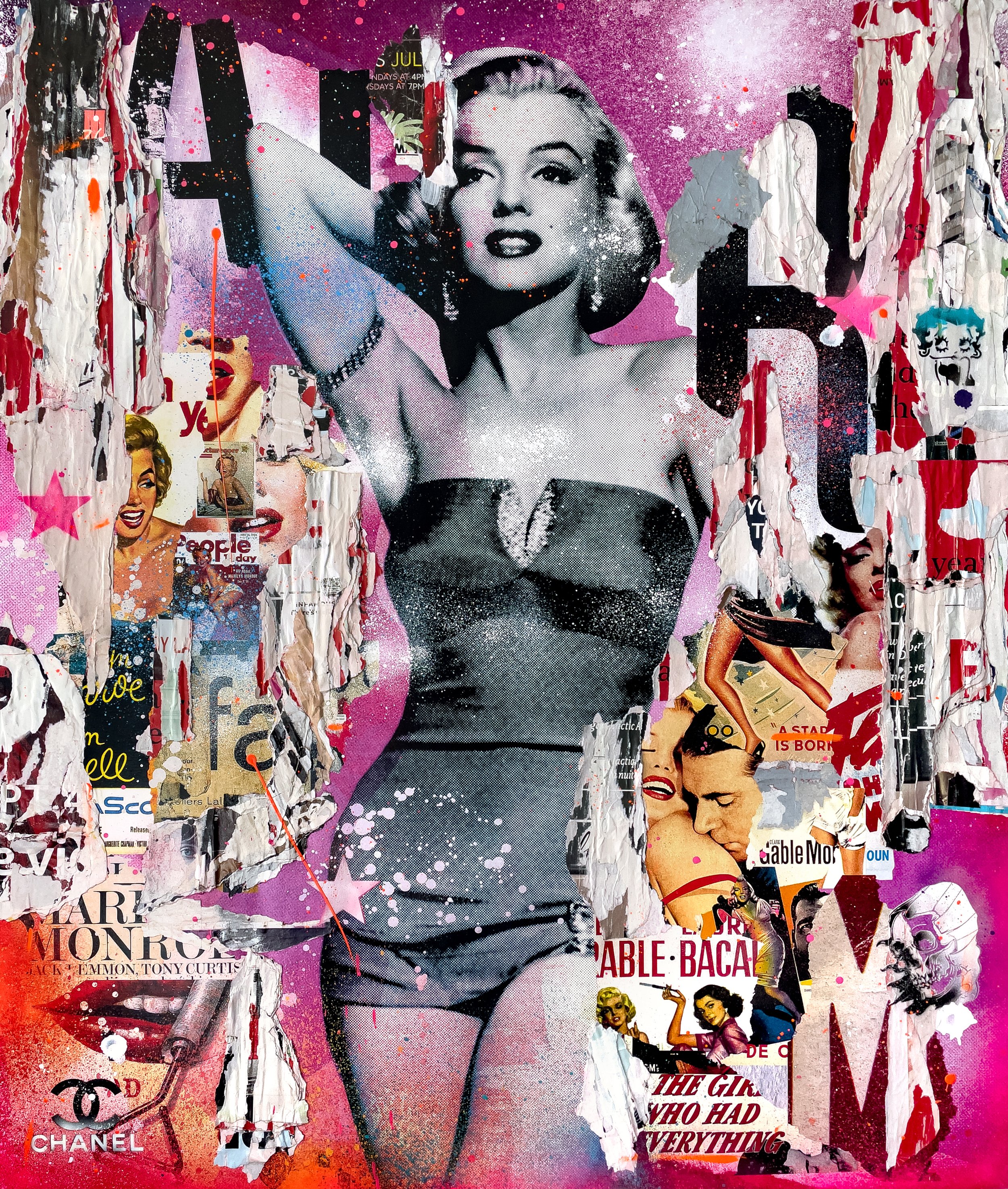 "Marilyn" 2022. 60"x50" Pigment, spray &amp; acrylic paint, paper, glue &amp; varnish on canvas