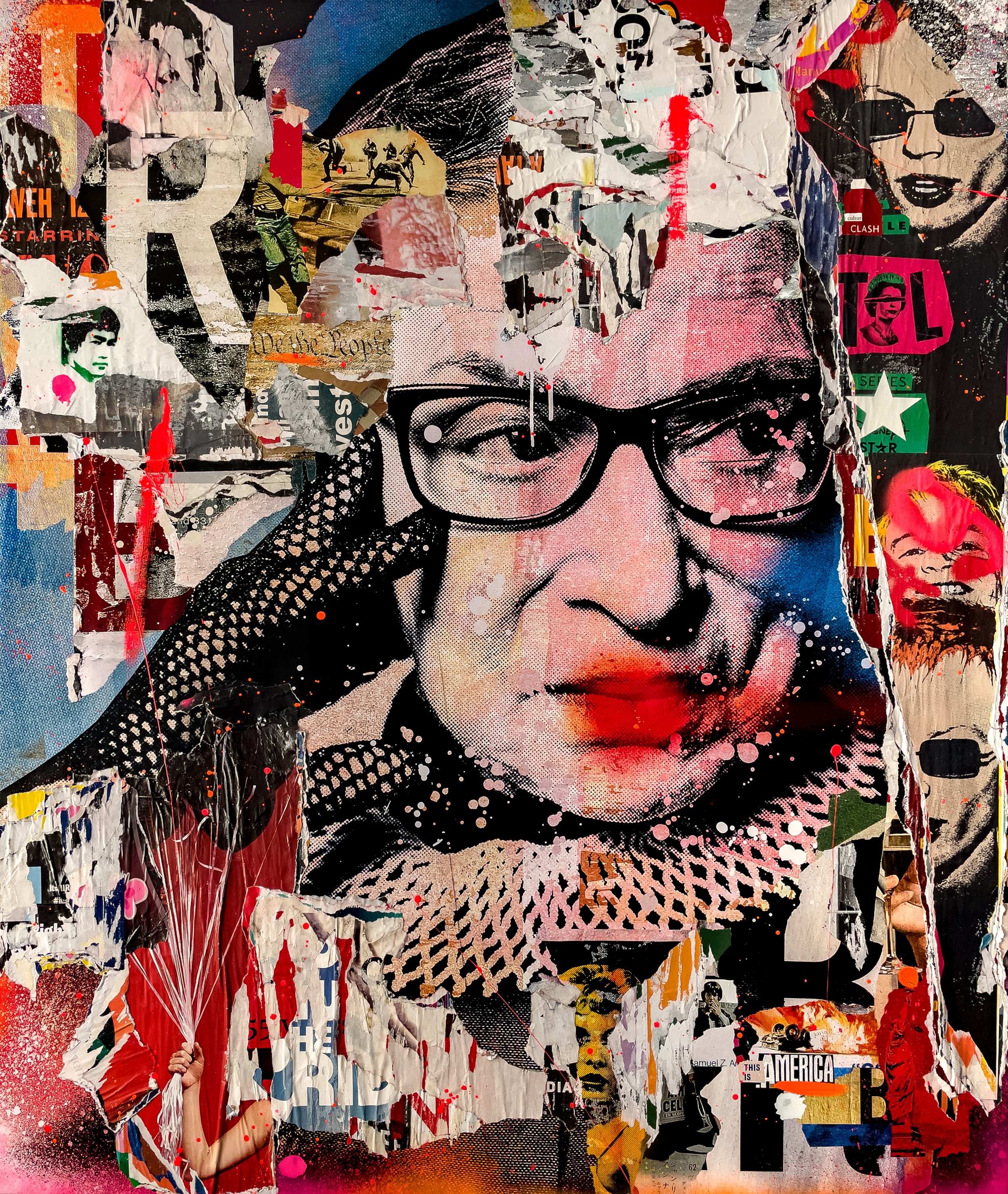 "Ruth Bader Ginsburg" 2022. 60"x50" Pigment, spray &amp; acrylic paint, paper, glue &amp; varnish on canvas