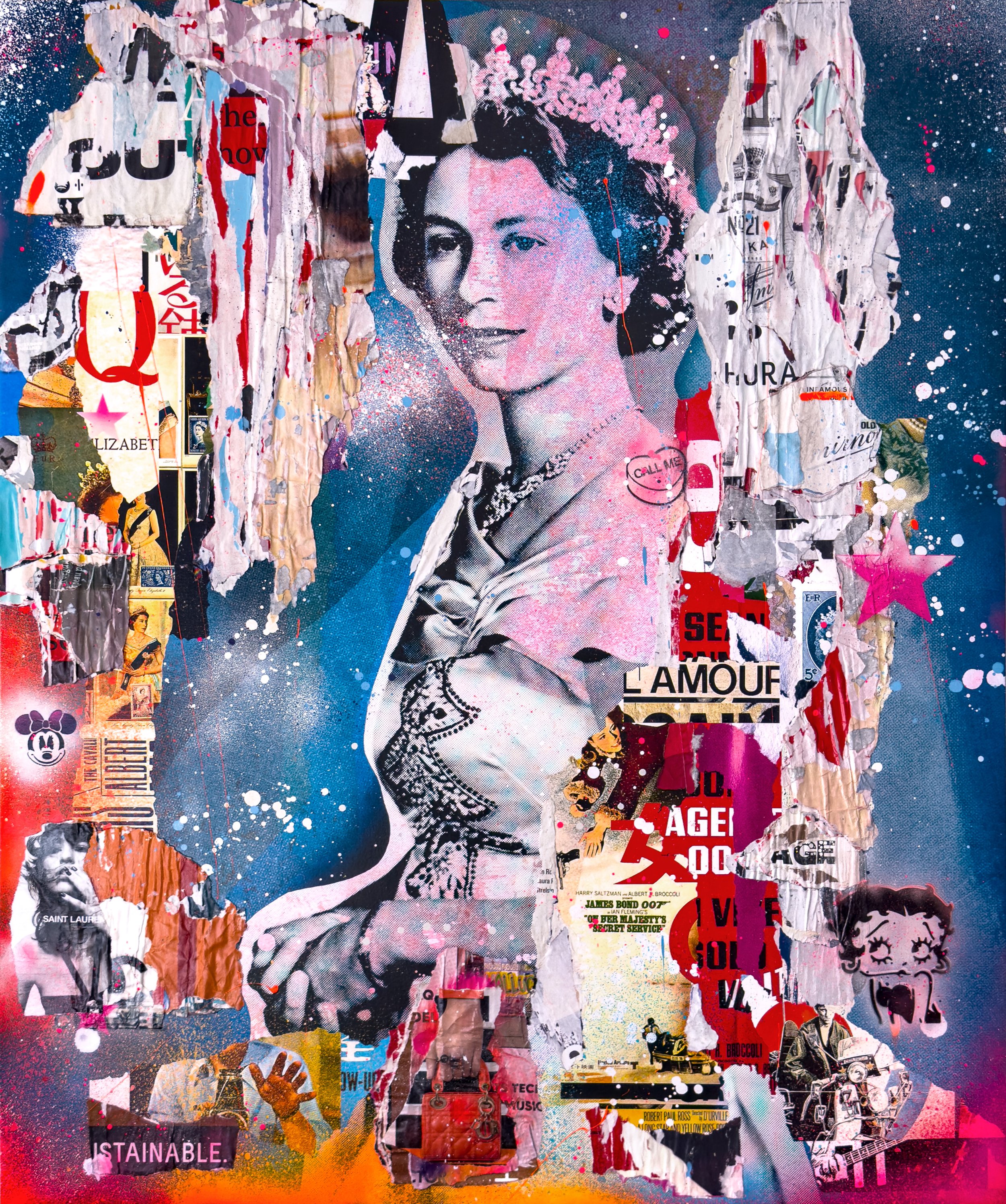 "Her Majesty" 2022. 60"x50" Pigment, spray &amp; acrylic paint, paper, glue &amp; varnish on canvas