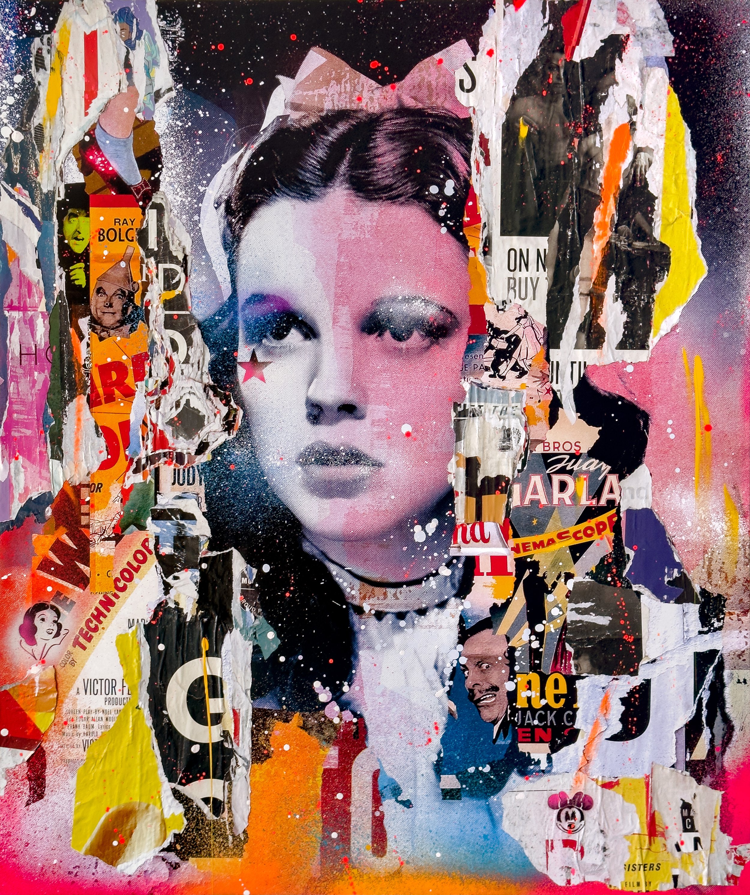"Badass Dorothy" 2023. 60"x50" Pigment, spray &amp; acrylic paint, paper, glue &amp; varnish on canvas