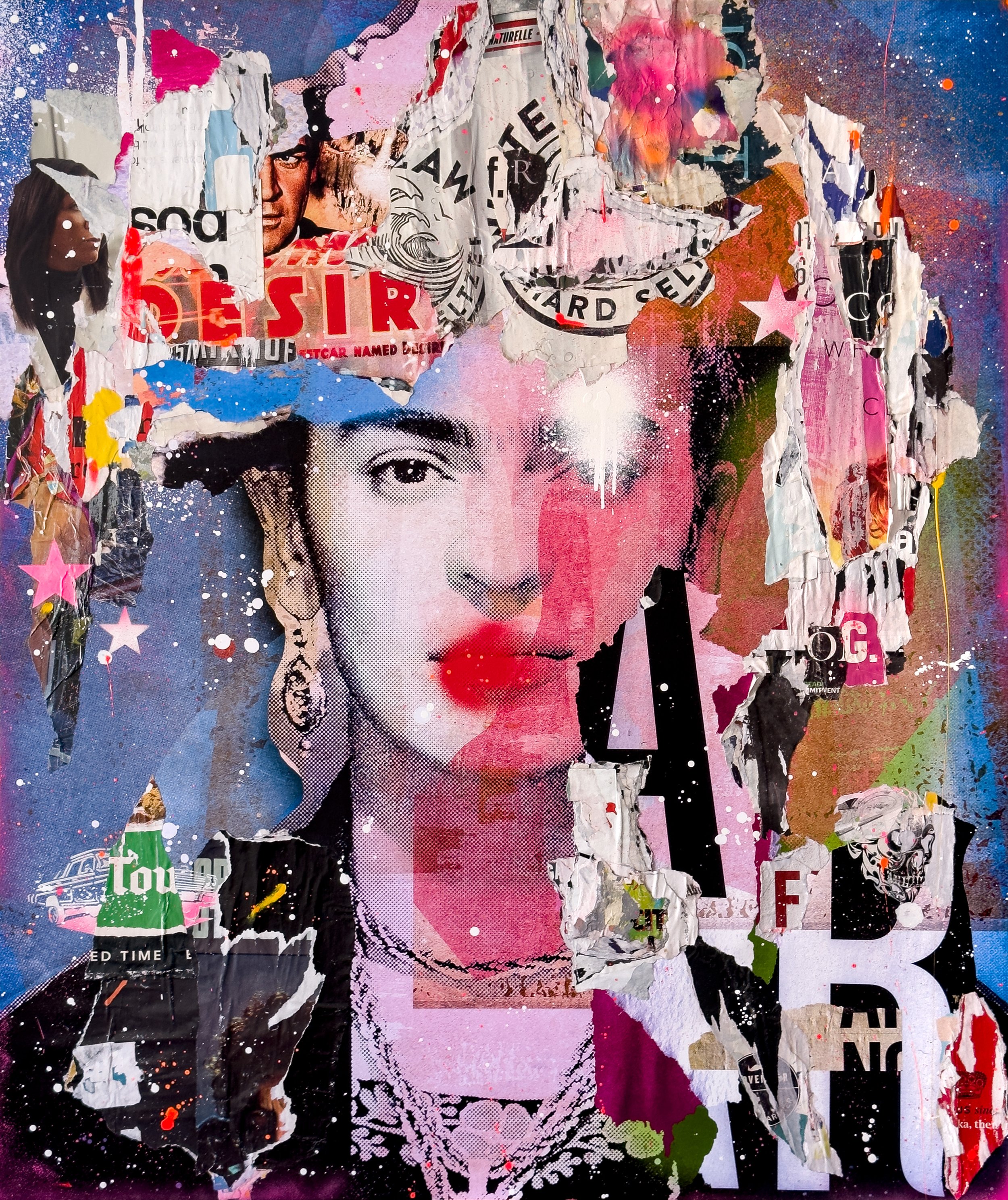 "Frida" 2023. 60"x50" Pigment, spray &amp; acrylic paint, paper, glue &amp; varnish on canvas