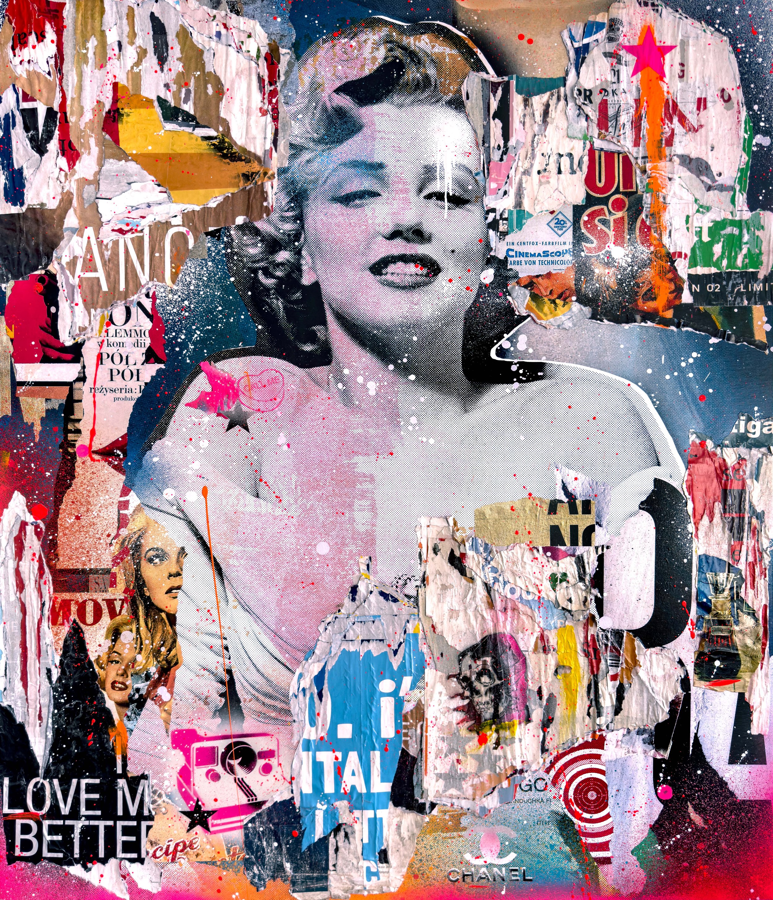 "Marilyn" 2023. 60"x50" Pigment, spray &amp; acrylic paint, paper, glue &amp; varnish on canvas