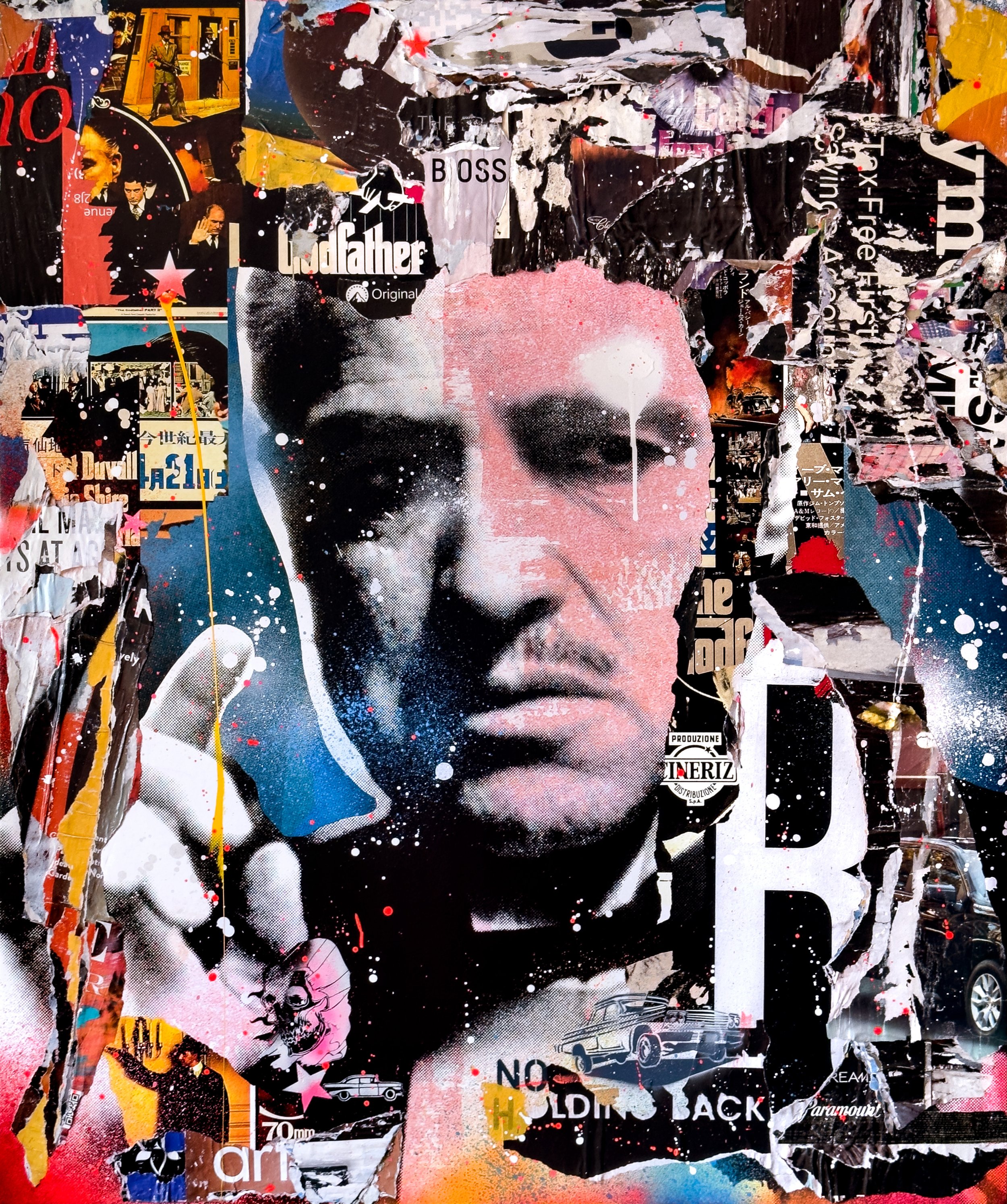 "The Godfather" 2023. 60"x50" Pigment, spray &amp; acrylic paint, paper, glue &amp; varnish on canvas