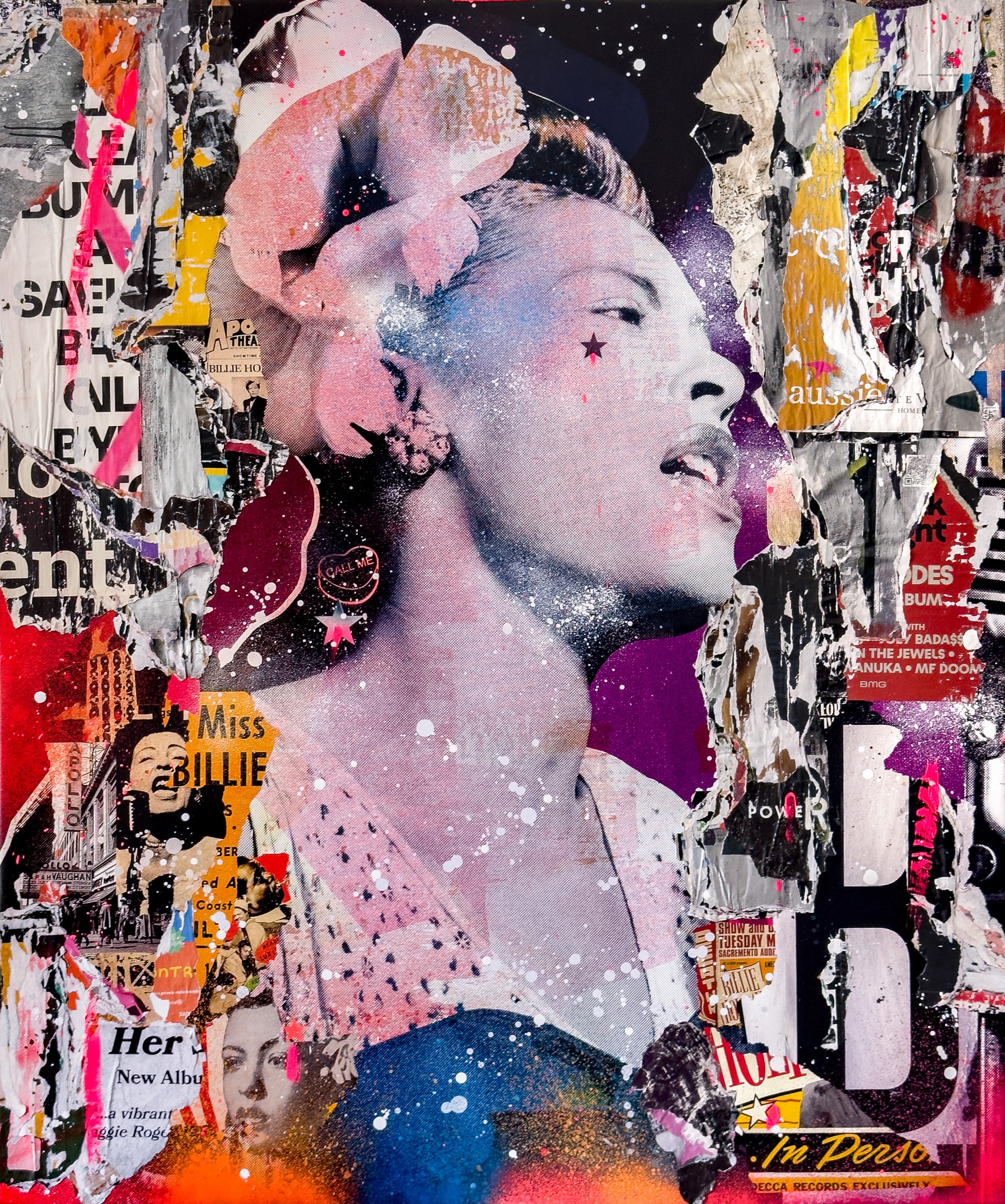 "Miss Holiday" 2023. 60"x50" Pigment, spray &amp; acrylic paint, paper, glue &amp; varnish on canvas