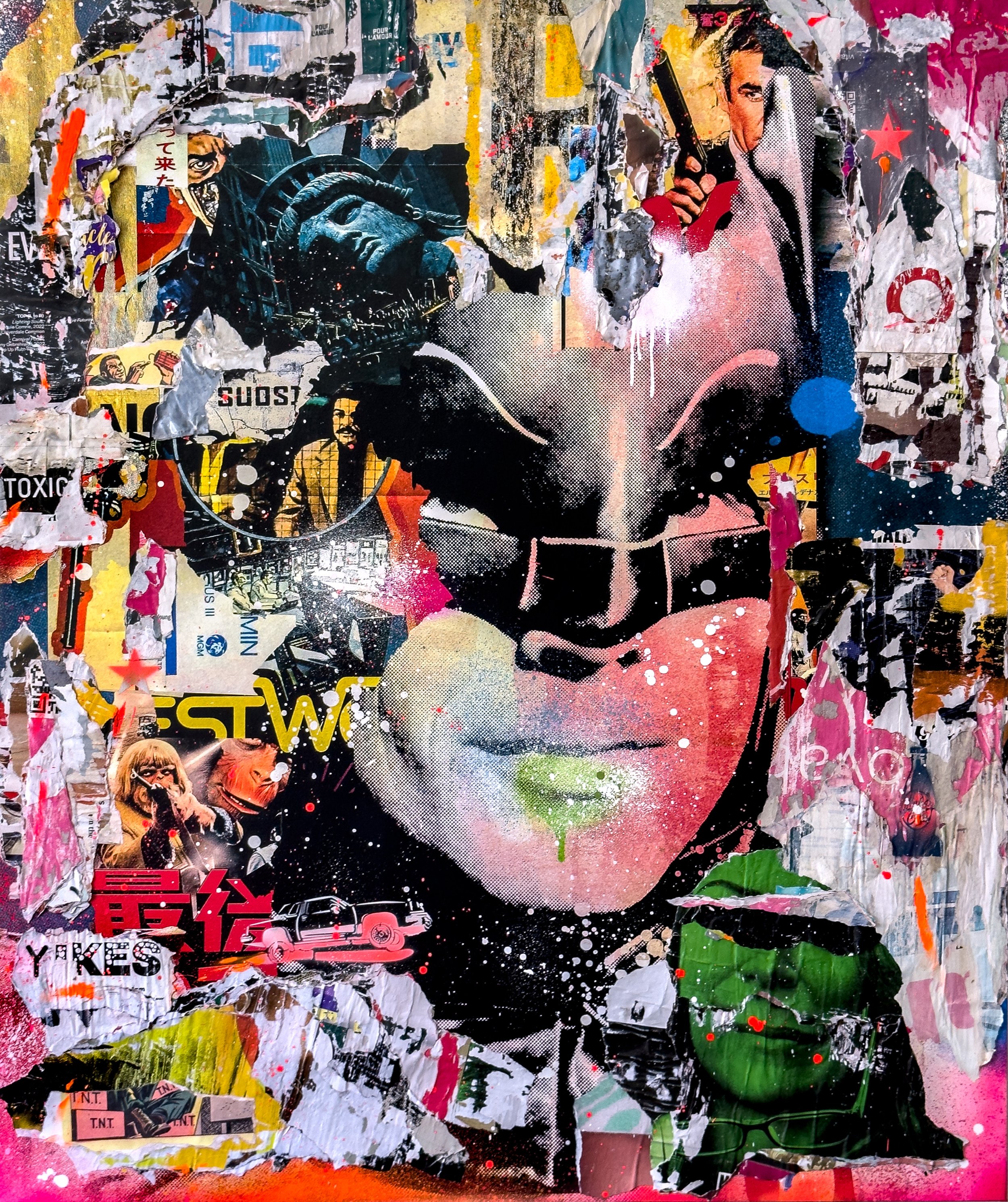 "With Love, Batman" 2023. 60"x50" Pigment, spray &amp; acrylic paint, paper, glue &amp; varnish on canvas