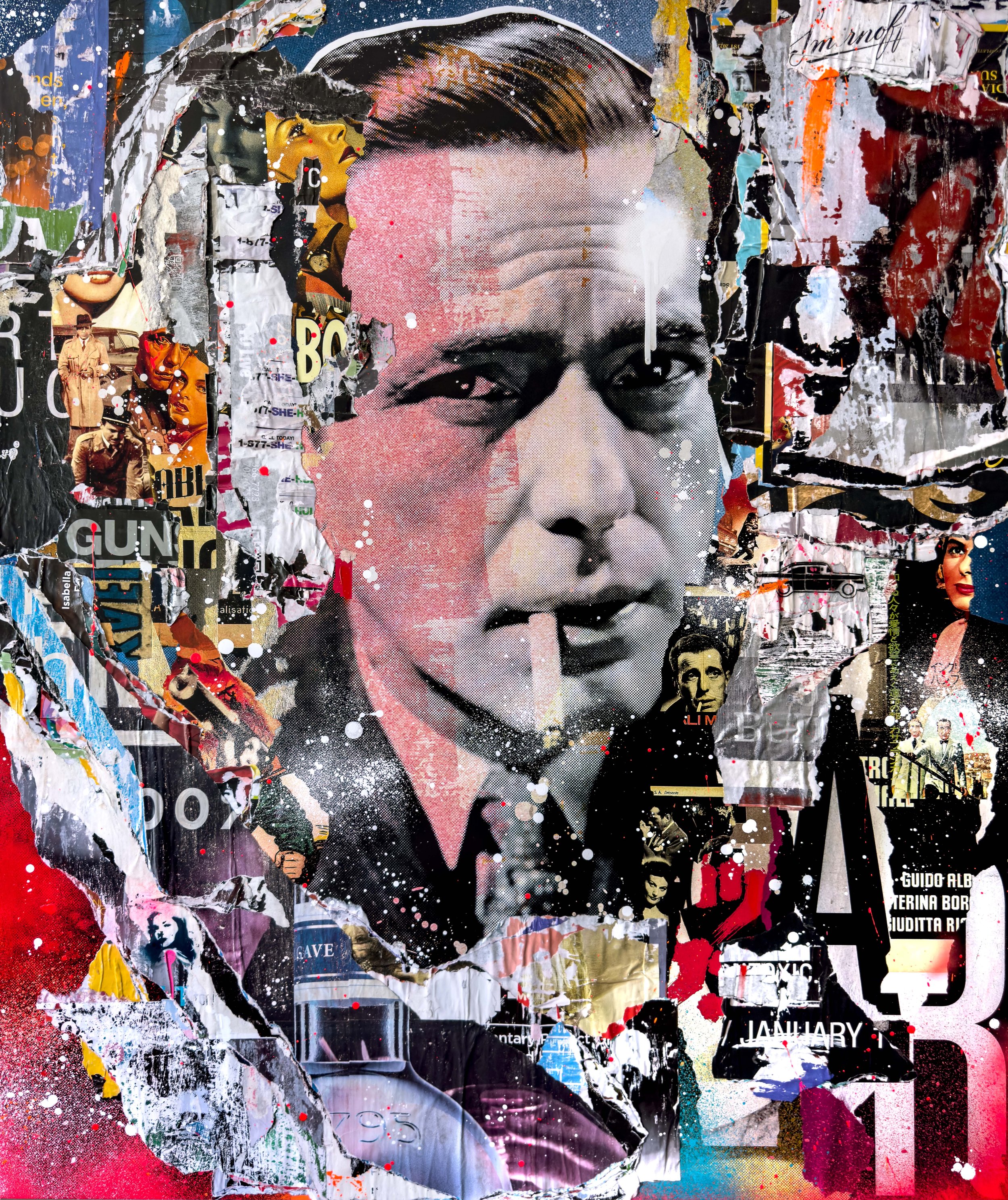 "Bogie" 2023. 60"x50" Pigment, spray &amp; acrylic paint, paper, glue &amp; varnish on canvas