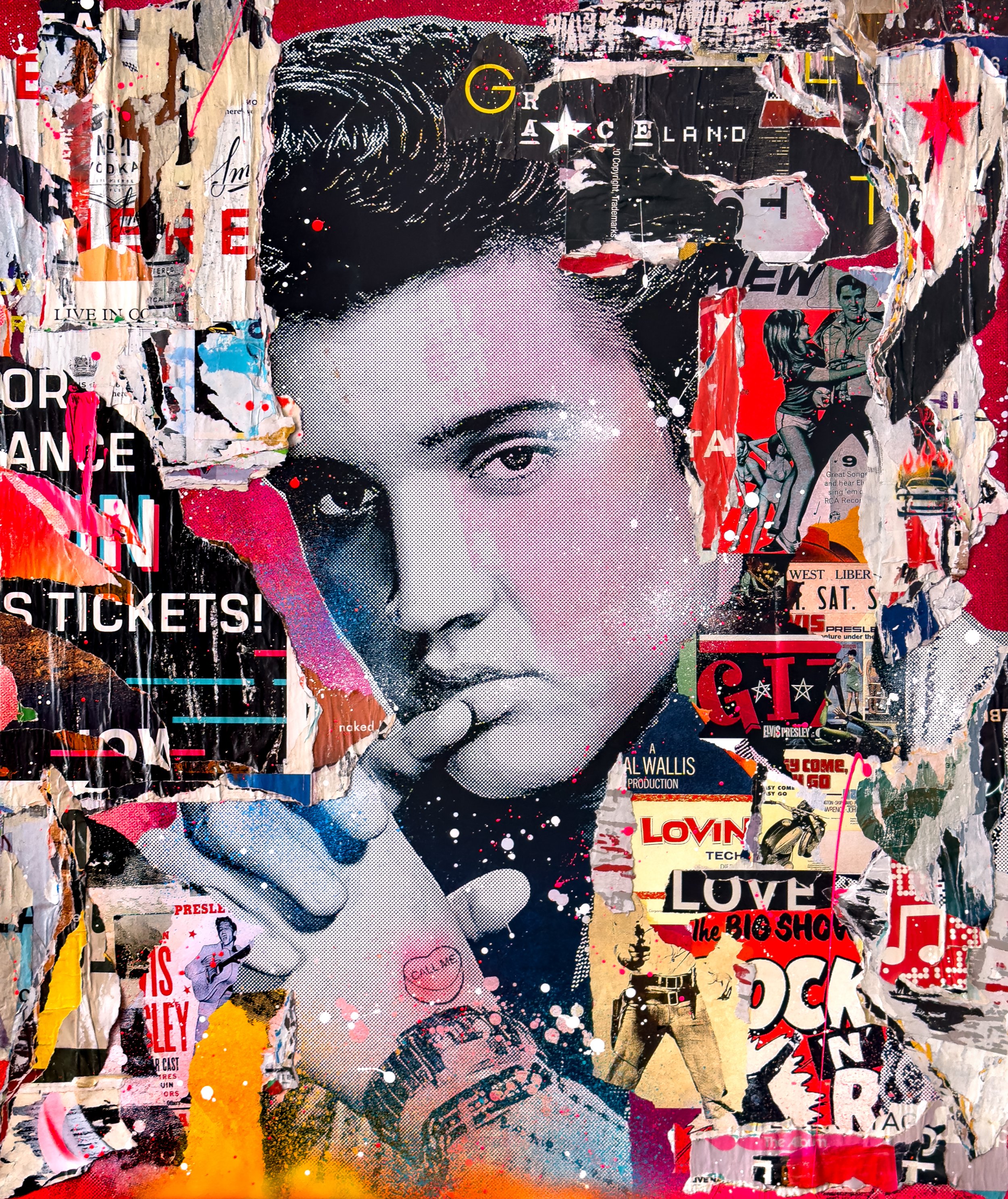 "Elvis" 2023. 60"x50" Pigment, spray &amp; acrylic paint, paper, glue &amp; varnish on canvas