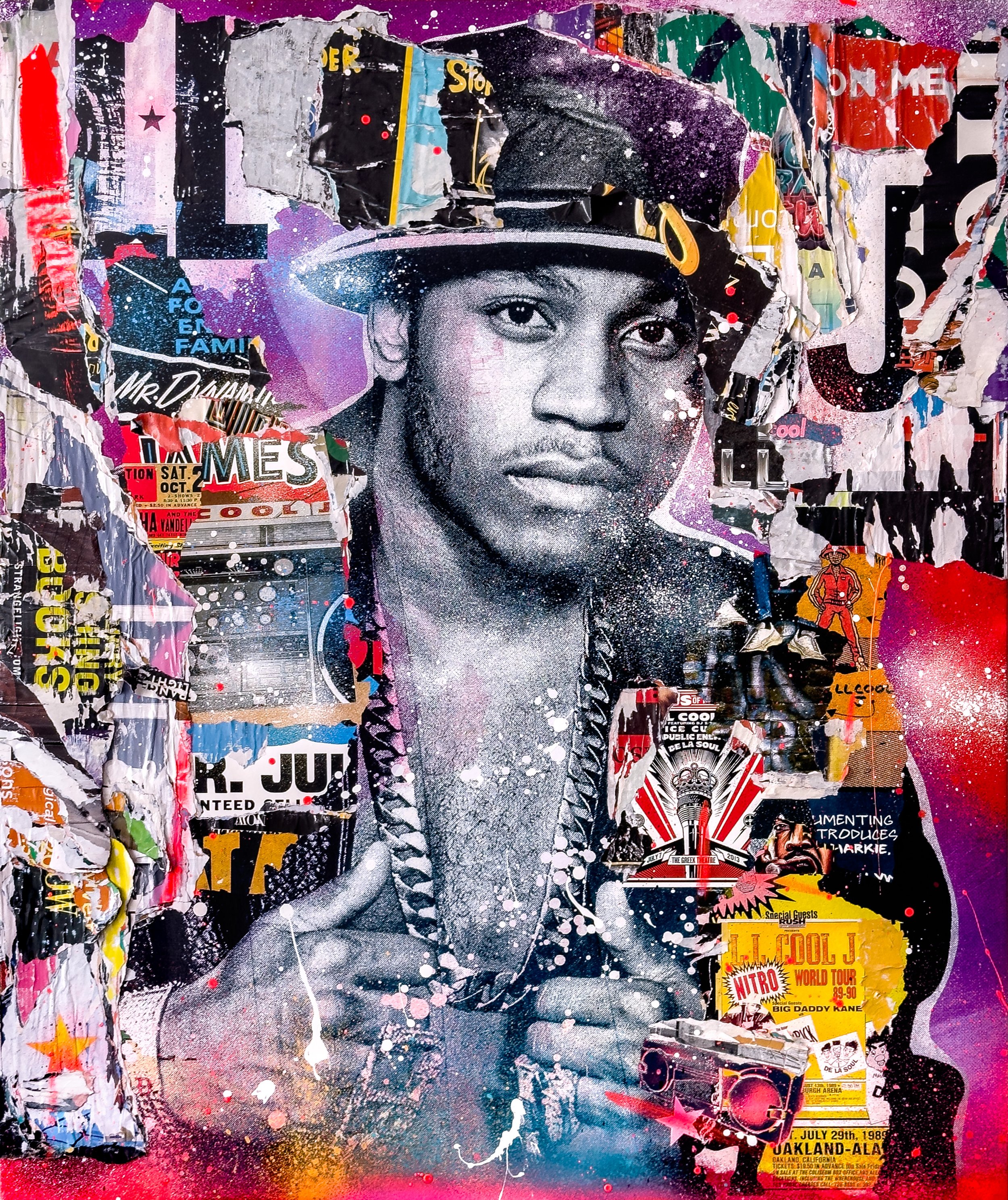 "LL Cool J" 2023. 60"x50" Pigment, spray &amp; acrylic paint, paper, glue &amp; varnish on canvas