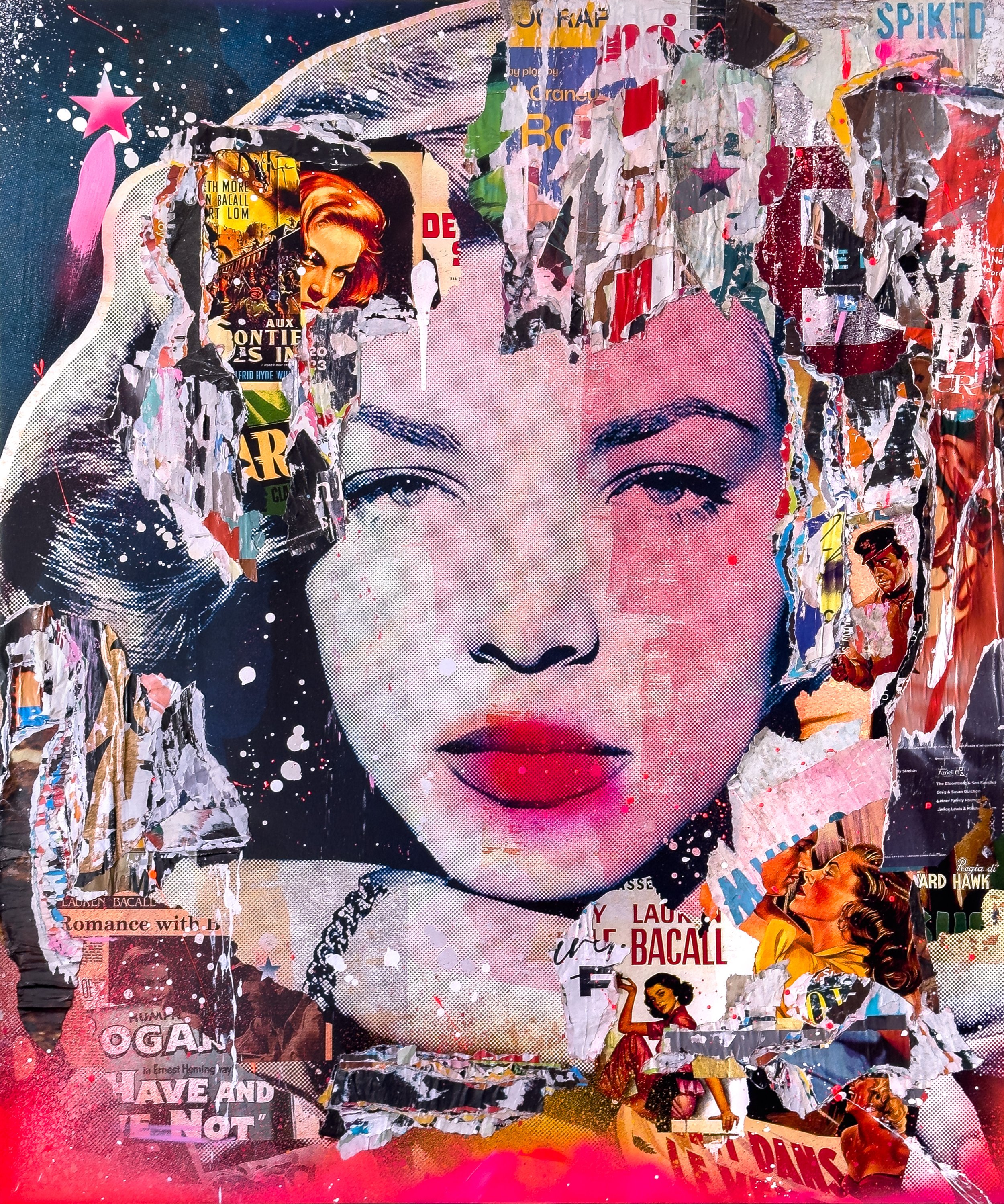 "Bacall" 2023. 60"x50" Pigment, spray &amp; acrylic paint, paper, glue &amp; varnish on canvas