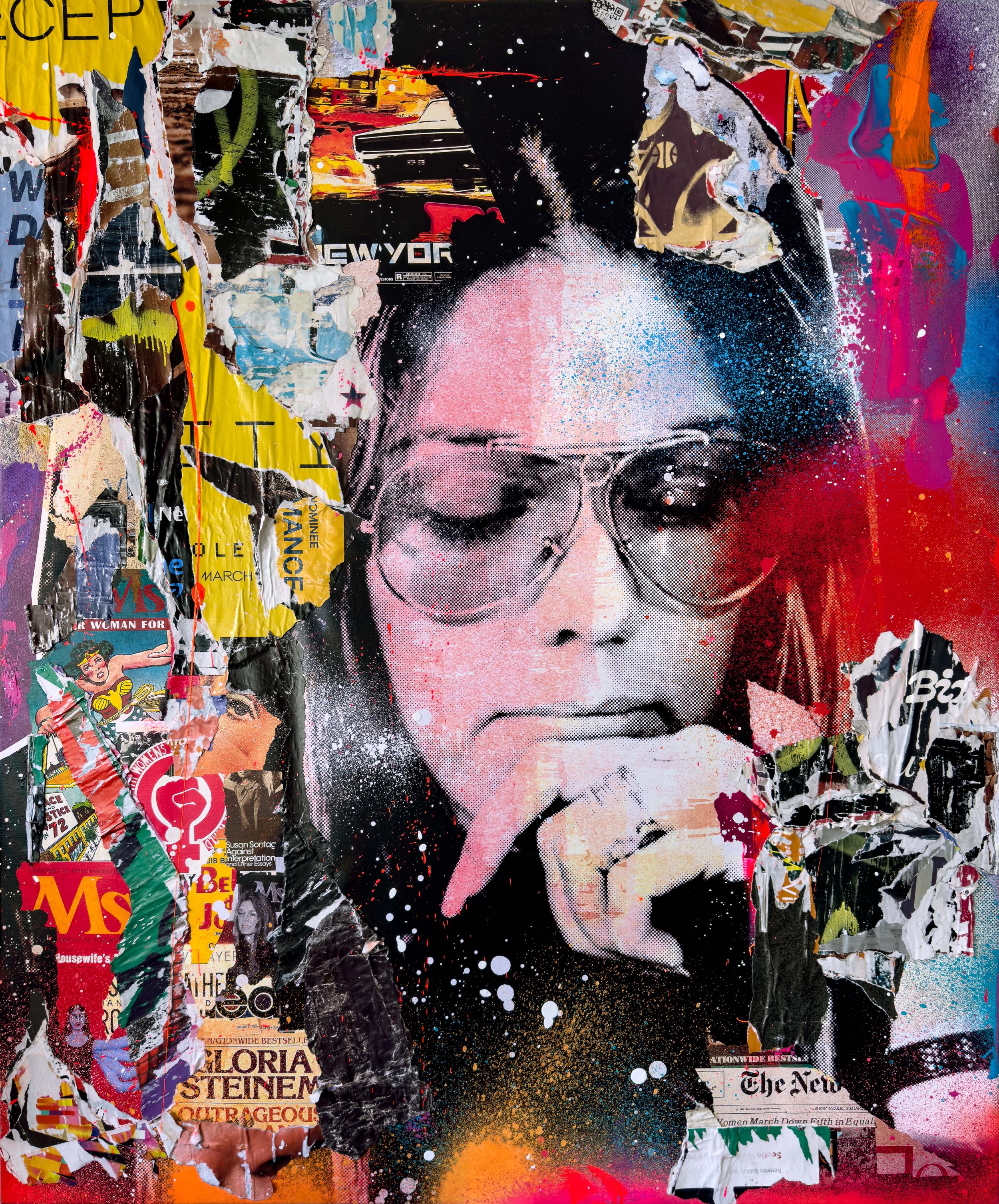 "Steinem" 2024. 60"x50" Pigment, spray &amp; acrylic paint, paper, glue &amp; varnish on canvas