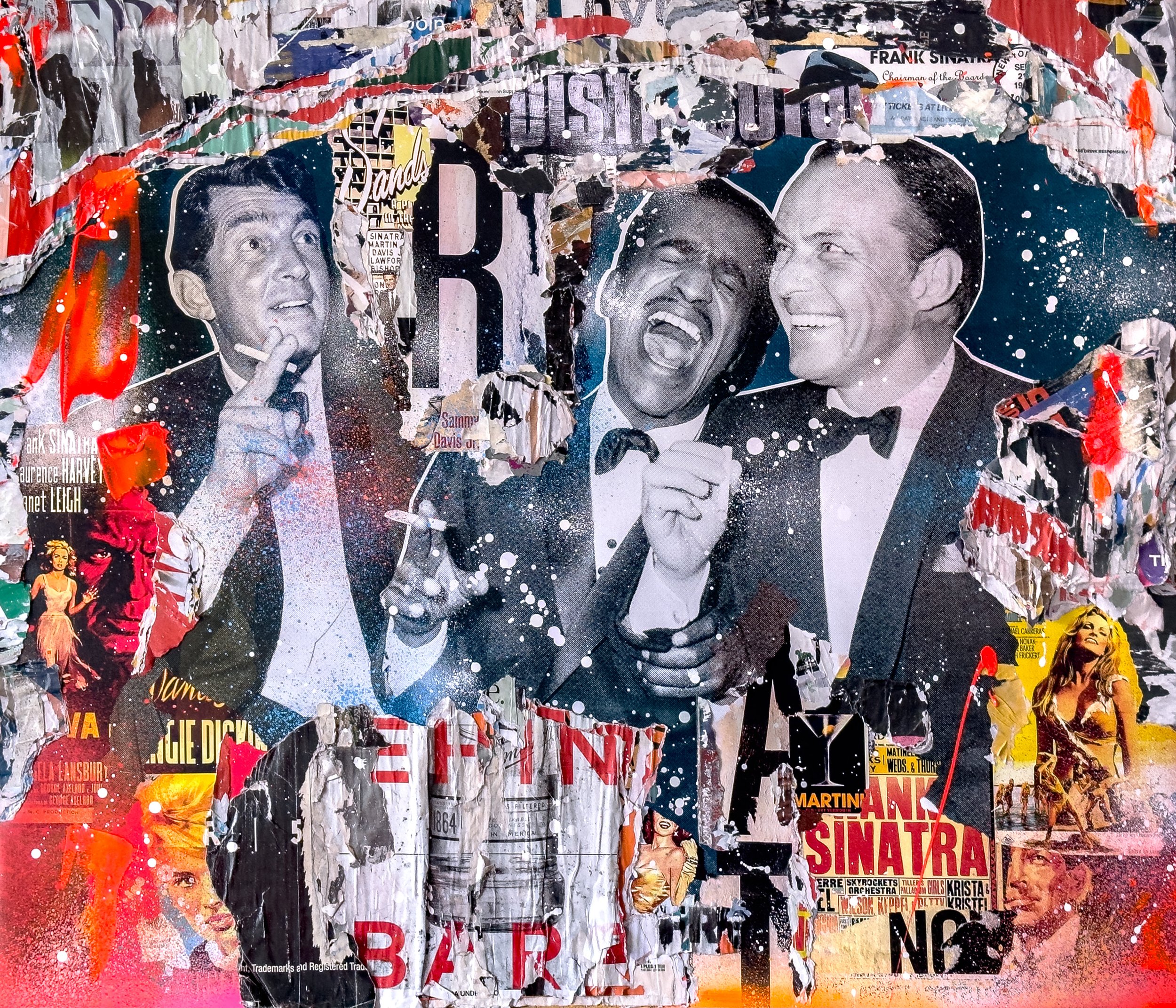 "The Rat Pack" 2024. 50"x60" Pigment, spray &amp; acrylic paint, paper, glue &amp; varnish on canvas