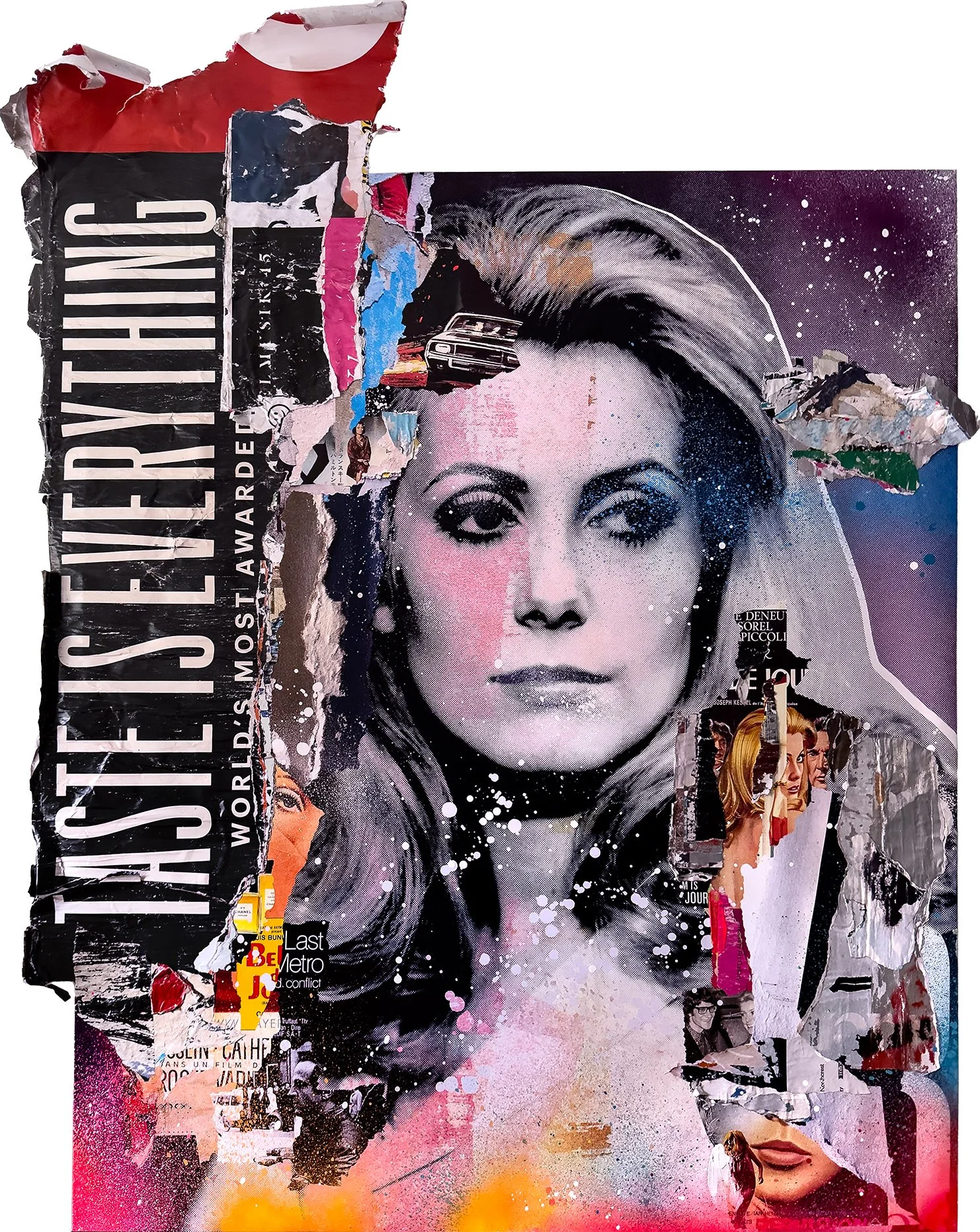 “Catherine Deneuve” 2025. 67”X53” Pigment, spray &amp; acrylic paint, paper, glue on canvas