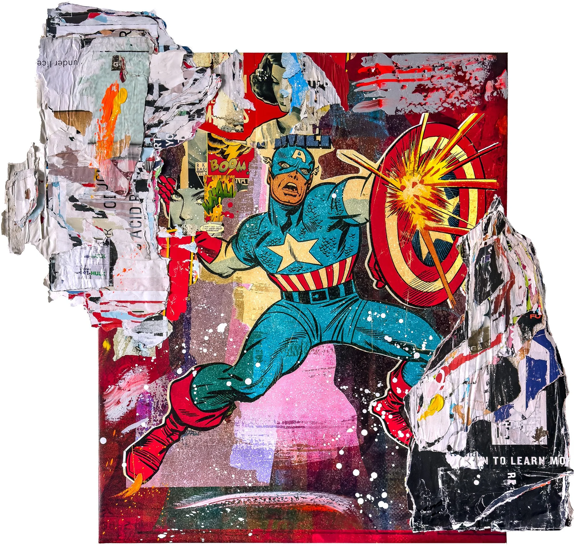 “BOOM 2026” 2026. 52.5”X55” Pigment, spray &amp; acrylic paint, paper, glue on canvas