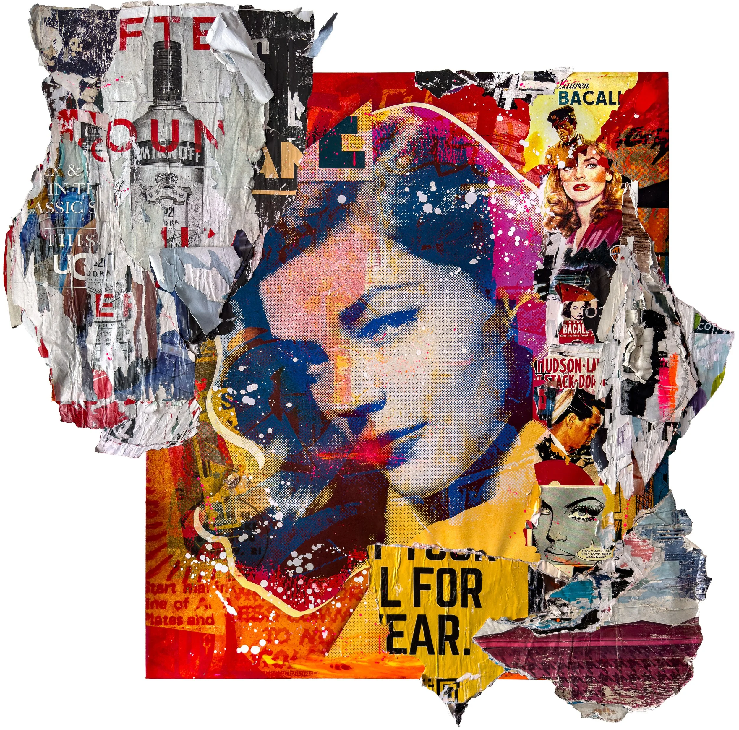 “BACALL” 2026. 70”X70” Pigment, spray &amp; acrylic paint, paper, glue on canvas