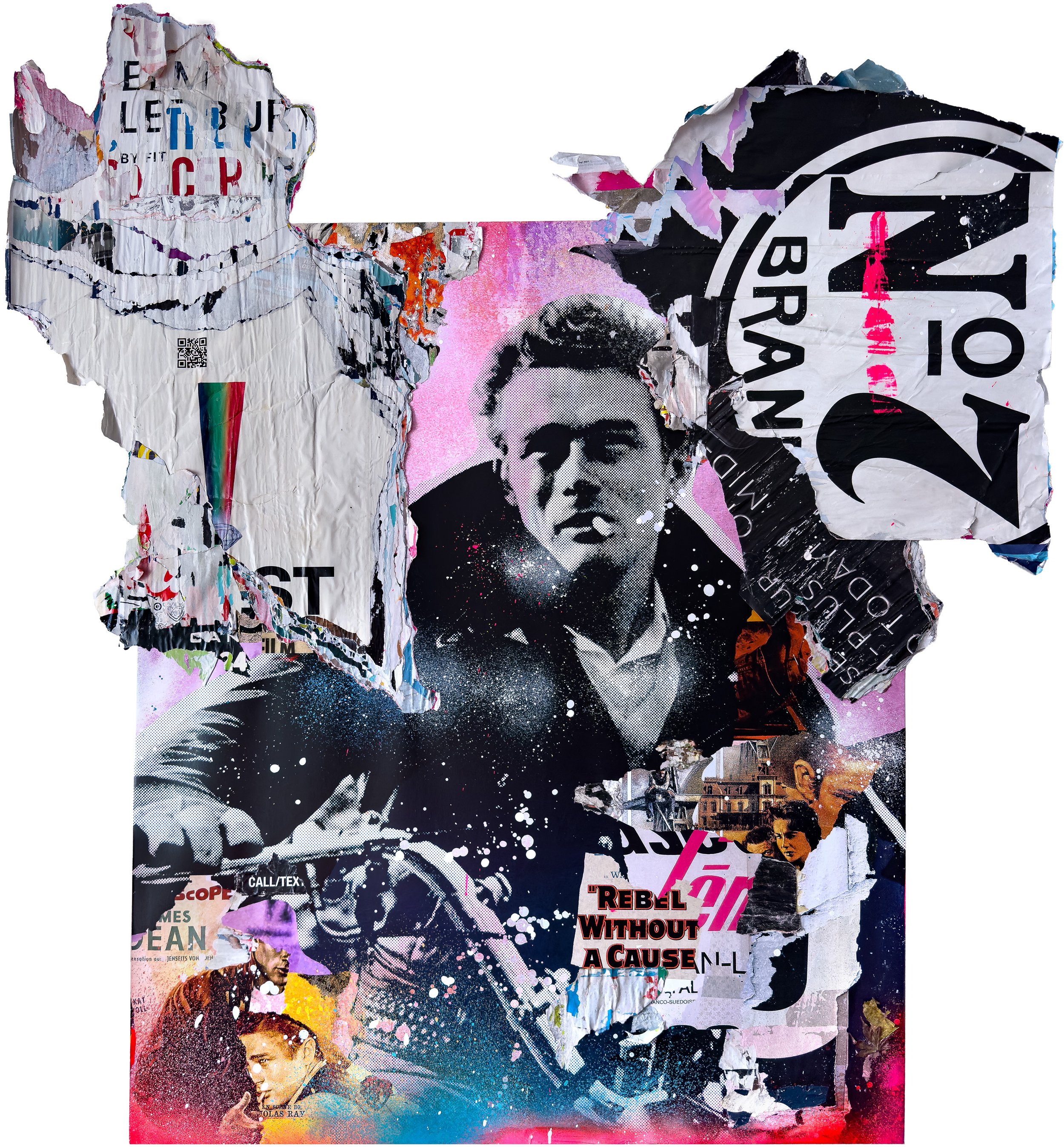 “JAMES DEAN” 2026. 72”X68” Pigment, spray &amp; acrylic paint, paper, glue on canvas