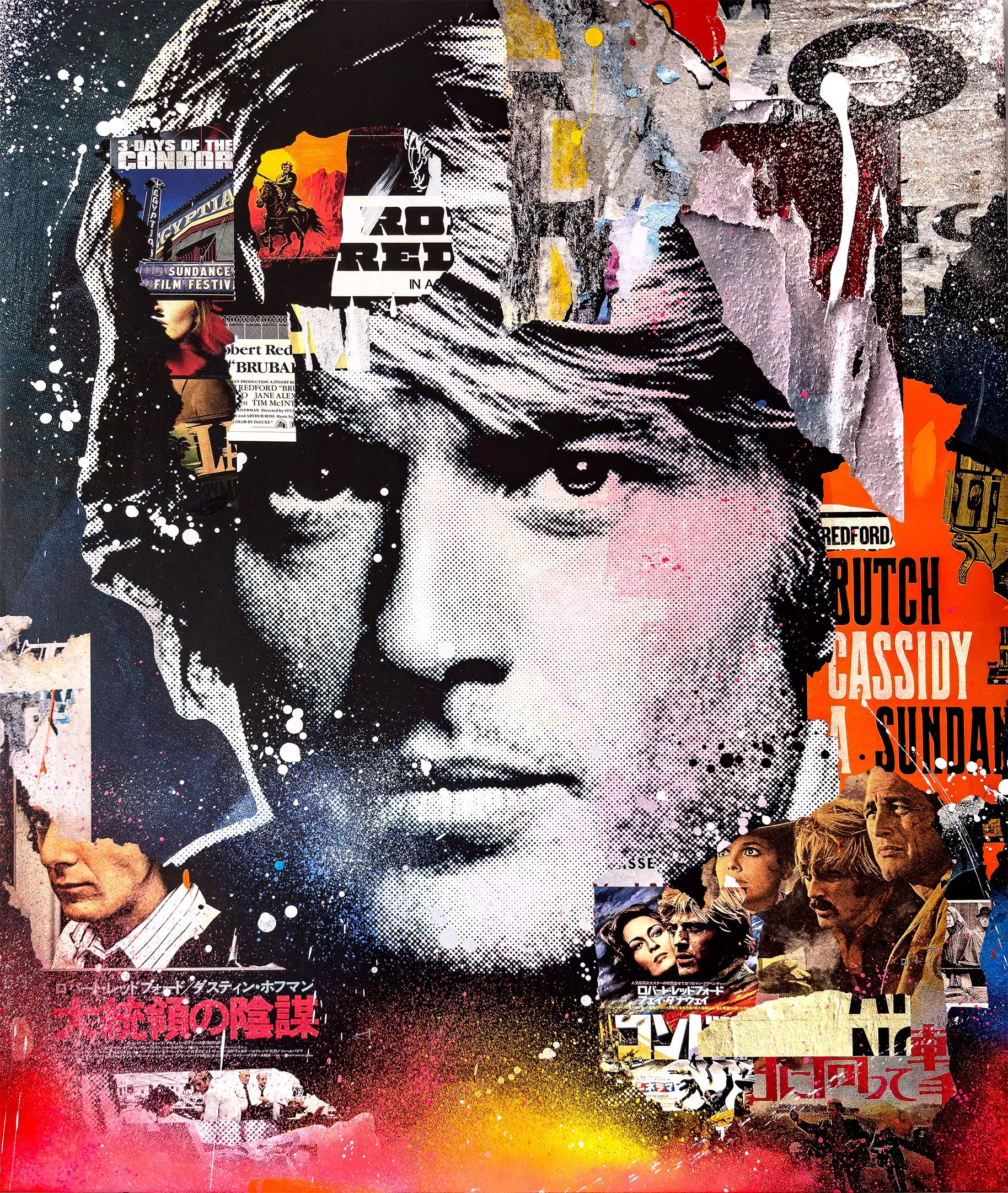 “REDFORD” 2026. 60”X50” MIXED MEDIA CANVAS. PIGMENT, ACRYLIC PAINT, SPRAY PAINT, GLUE, VARNISH