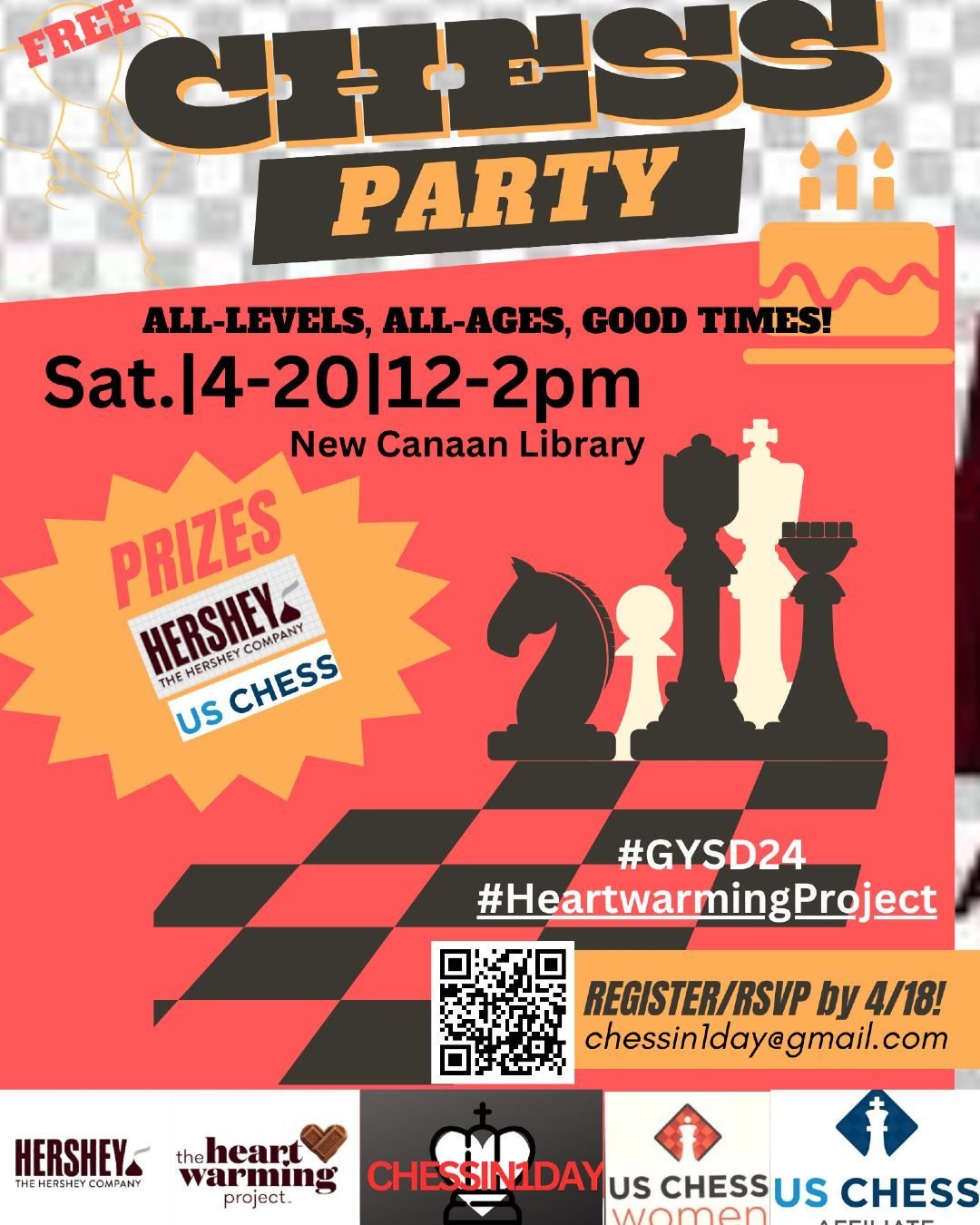 Don't miss out on the Chess Party at New Canaan Library this Saturday, April 20th, from 12pm-2pm! Sponsored by HERSHEY Youth Service America and hosted by Chessin1day.com, this event is exclusively for Fairfield Community Based Organizations focused 