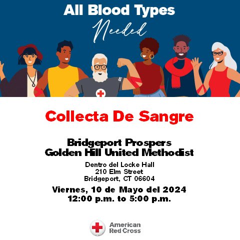 Please join us for a blood drive with Bridgeport Prospers on Viernes, 10 de Mayo del 2024 from 12:00 p.m. to 5:00 p.m. Visit RedCrossBlood.org to schedule an appointment. #BridgeportCT #BloodDrive