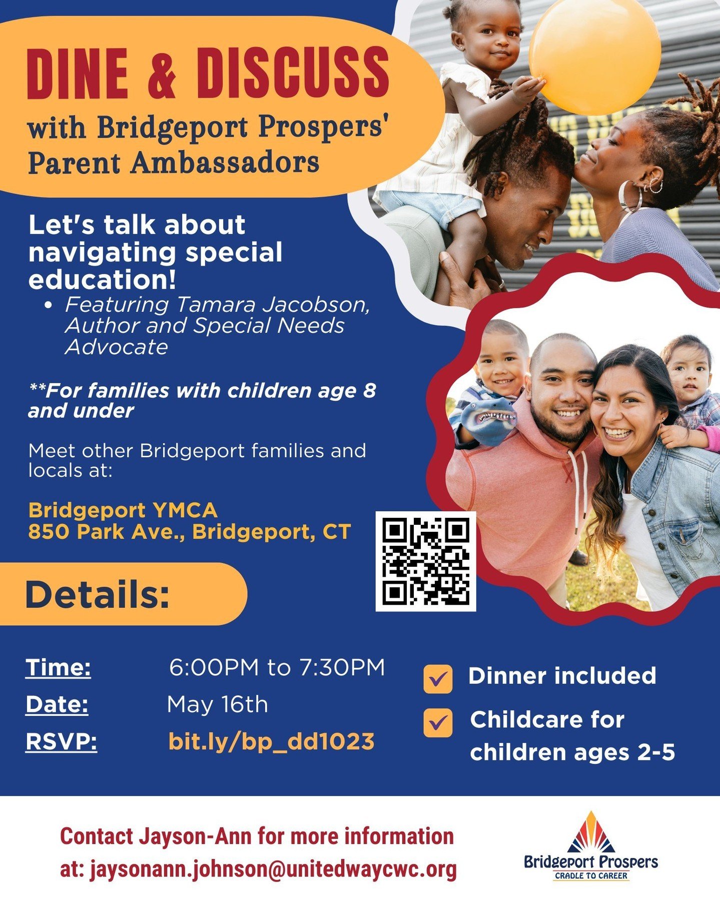 Join us for an important talk on 5/16 at 6pm about navigating special education, featuring Tamara Jacobson an Author and Special Needs Advocate. This event is for Bridgeport families with children ages 8 and under. RSVP using the QR code or link prov