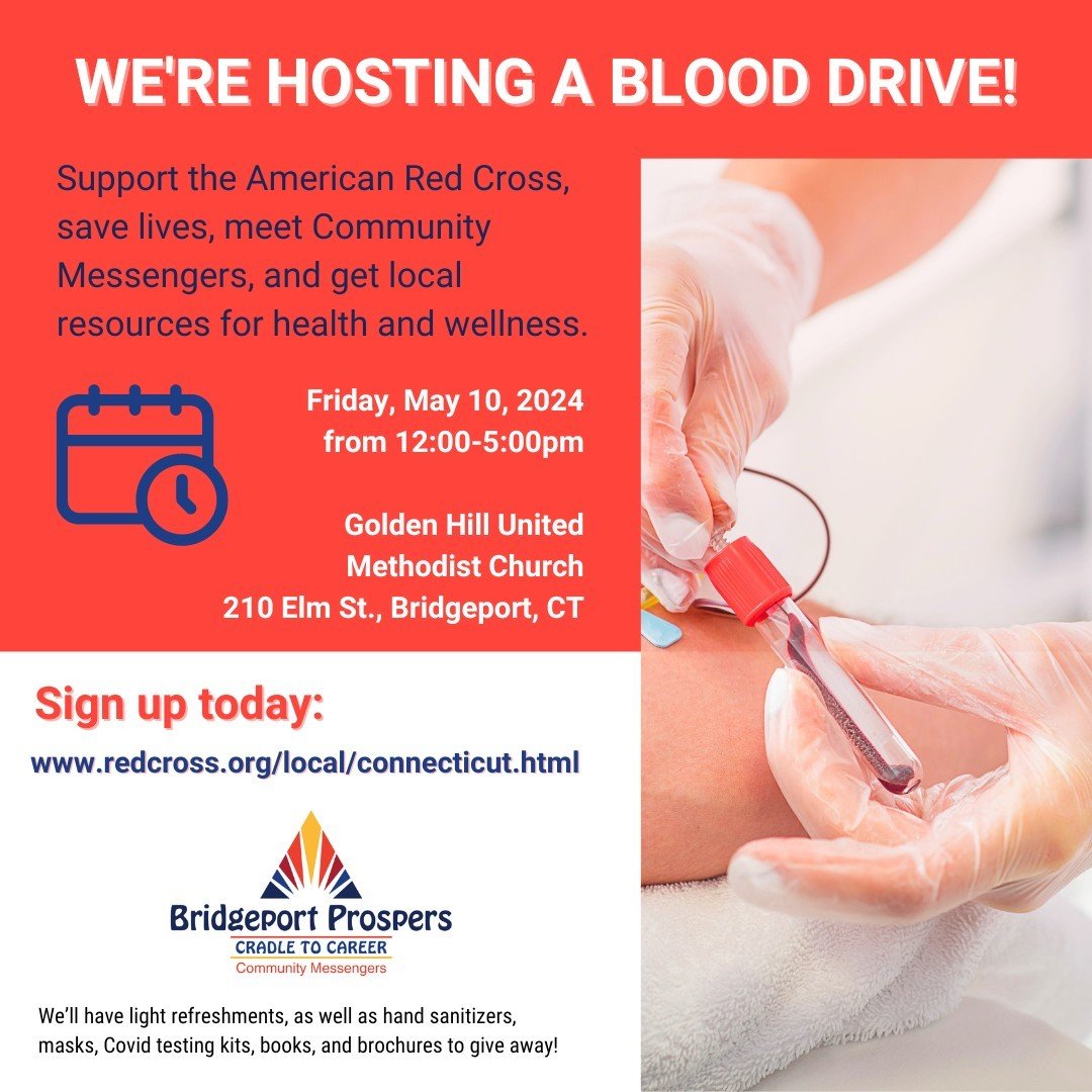Today is our Blood Drive from 12-5pm in partnership with the American Red Cross! Don't forget to come out to meet Community Messengers, give blood, and learn about local resources. Register via the link provided: https://loom.ly/MKihfiI. #BridgeportC