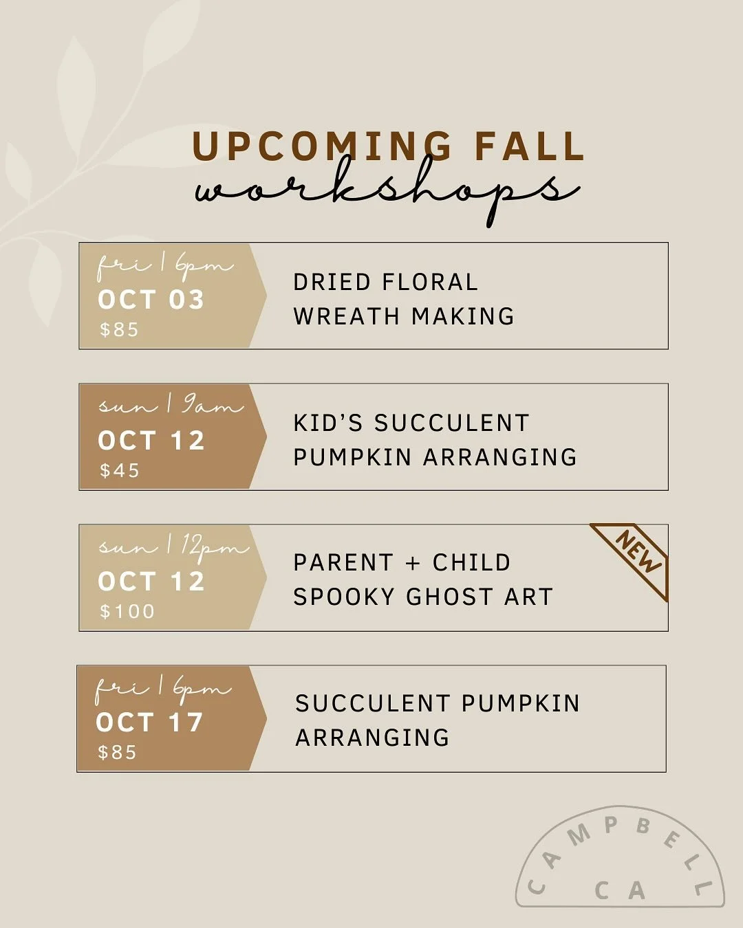 Year 5 of our Fall + Holiday Workshop Season is here, and it&rsquo;s our biggest one yet! 🎉

We&rsquo;re so excited to share our lineup of workshops&mdash;from festive favorites like wreath making + floral arranging to brand-new experiences like sug