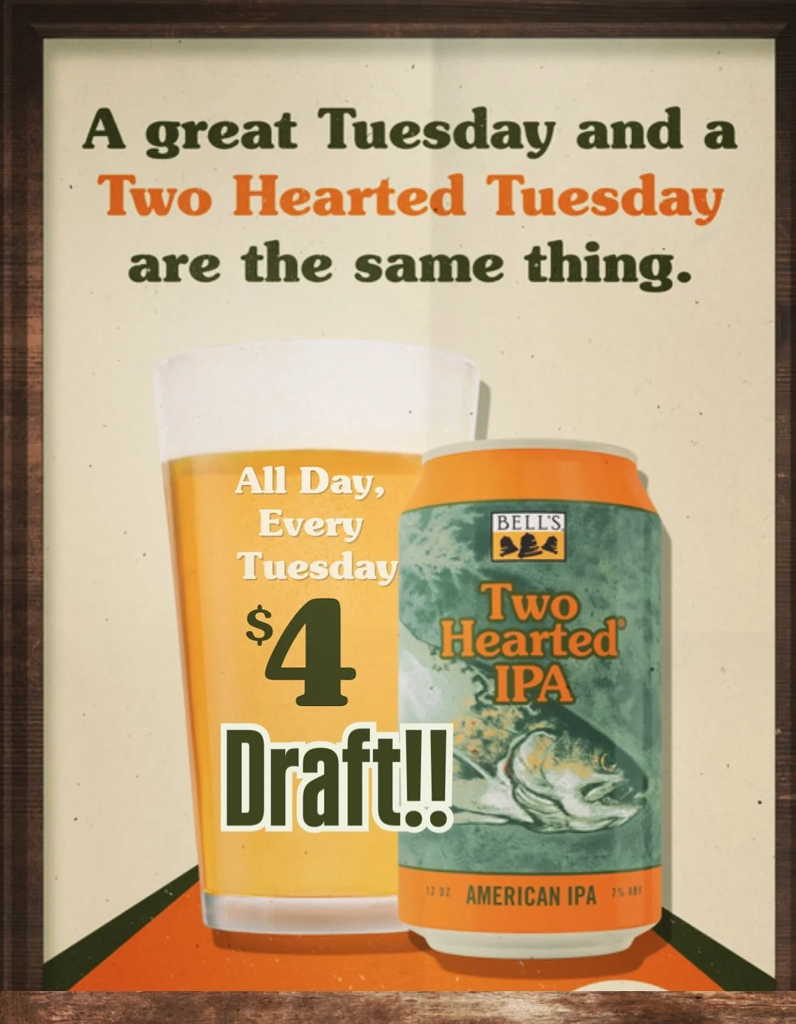 Tuesday is the new Thursday! Come celebrate the end of the week (a little early) with $4 Bells Two Hearted draft all day!!

The cooler nights are on the way, so today is also the last day of the patio being wide open to the this lovely breeze! Tomorr