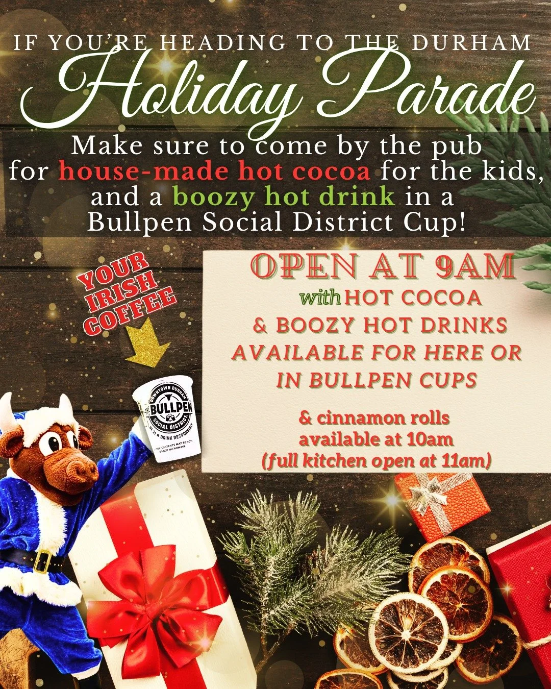 Watch the parade in a cozy spot inside or on the heated patio, or get a great few from the lawn, or out front! #BullPen Social District Cups available if you're sitting street side, or you need a hot drink to take further down the road!

Open at 9am 