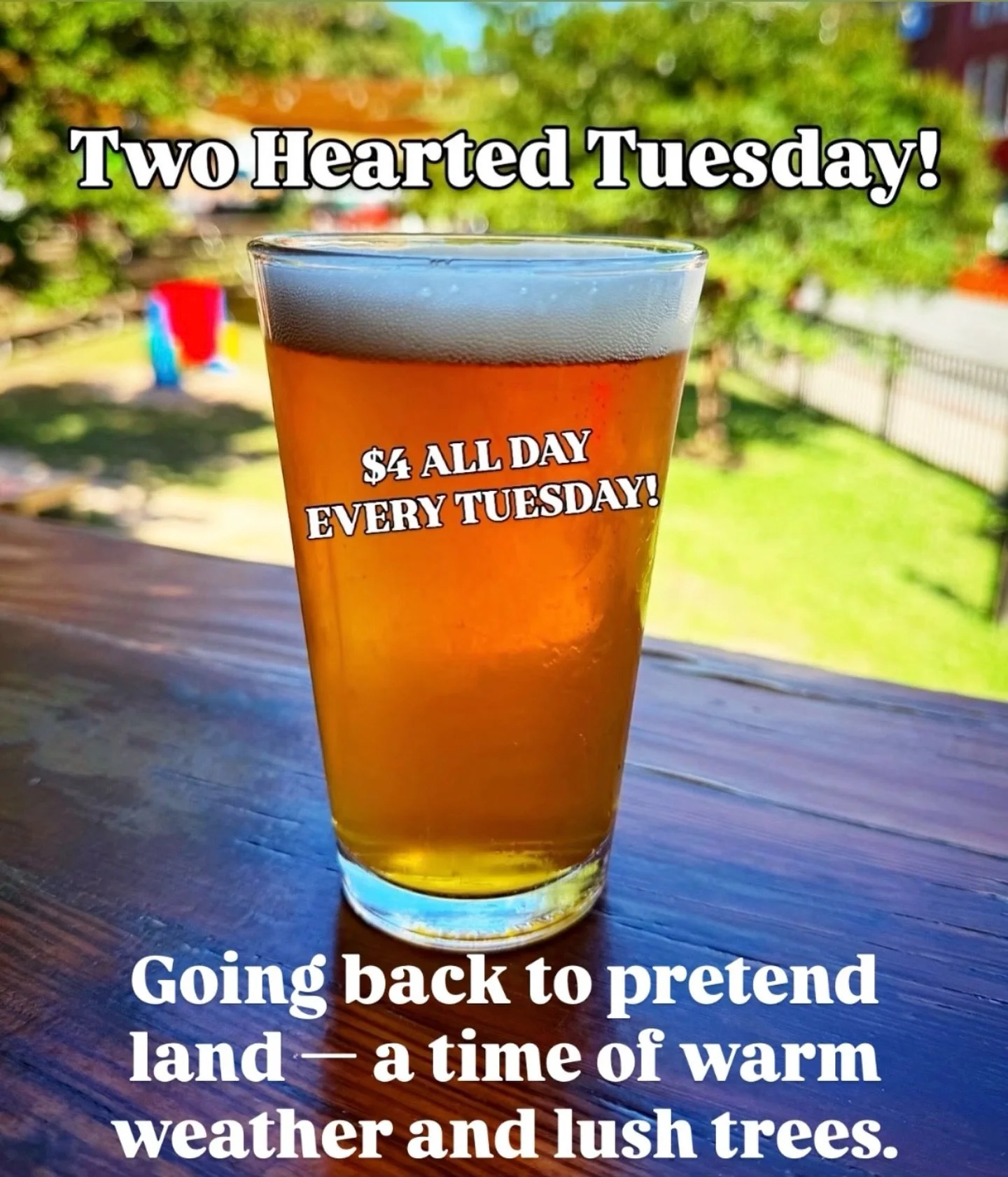 Open today on this warm beautiful day (sorry I&rsquo;m in pretend world again!) &mdash; but we are open for real, and @bellsbrewery #TwoHeartedAle is really on special all day! #twoheartedtuesday