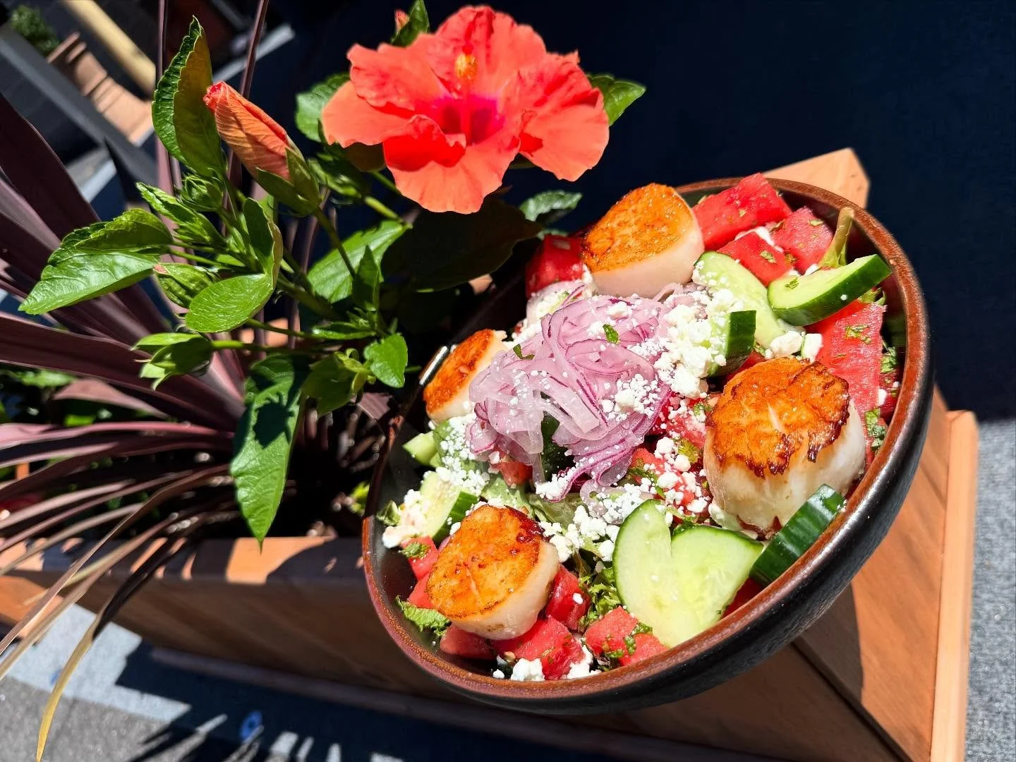 Watermelon Mint Salad- Mixed greens tossed with balsamic vinaigrette, topped with diced watermelon, fresh mint, cucumbers, goat cheese and shaved red onion. Finished with jumbo seared sea scallops