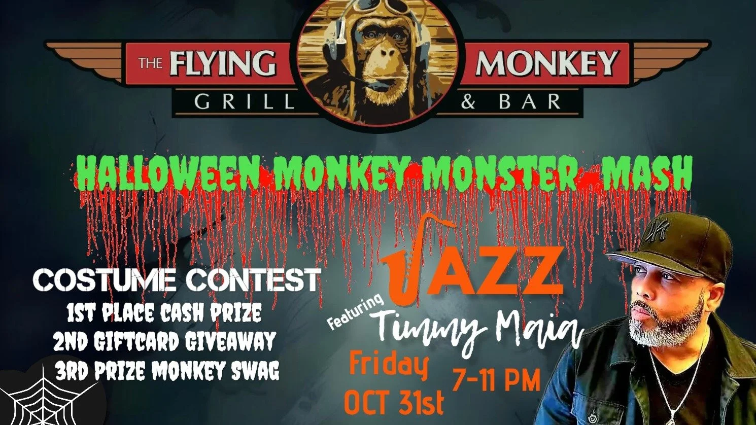 🎃👻 Halloween Bash at The Flying Monkey Grill &amp; Bar! 👻🎃
📅 Friday, October 31st | ⏰ 7&ndash;11PM

Get ready for a spooky good time with Live Music by Timmy Maia &amp; Friends 🎶✨

🧛&zwj;♀️ Costume Contest &ndash; show off your best look!
🍴 G