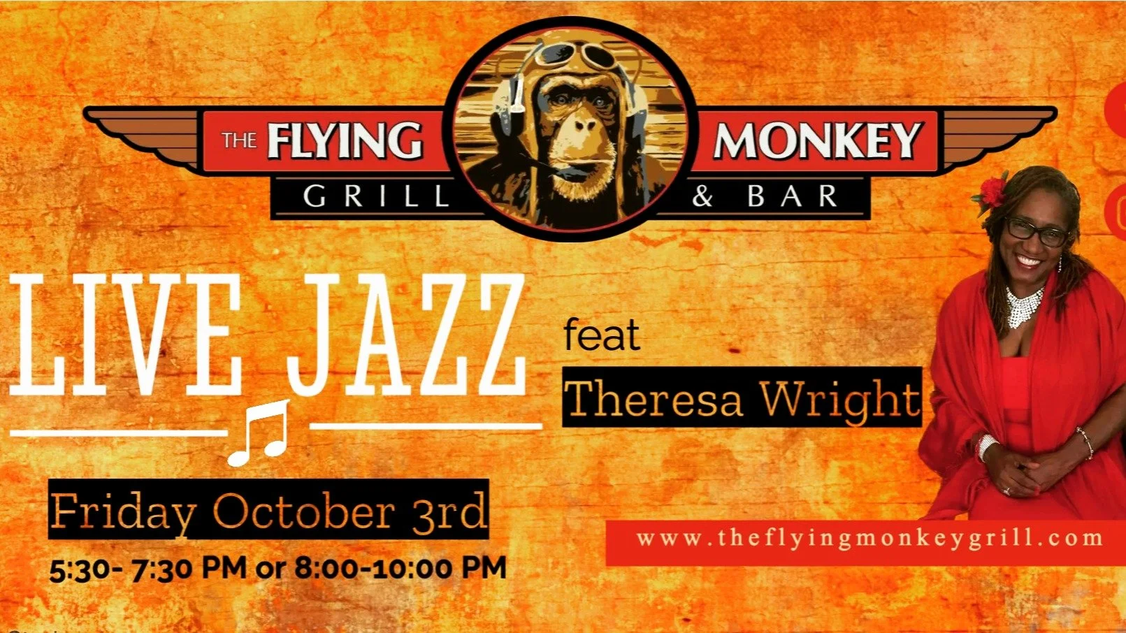 🎶 Live Music with Theresa Wright &amp; Friends 🎶
📅 5:30&ndash;10PM

Spend the night with soulful sounds from Theresa Wright &amp; Friends&mdash;one of our favorites! 🌟

✨ Enjoy Monkey Hour specials, savor a delicious dinner 🍴, or sip cocktails ?