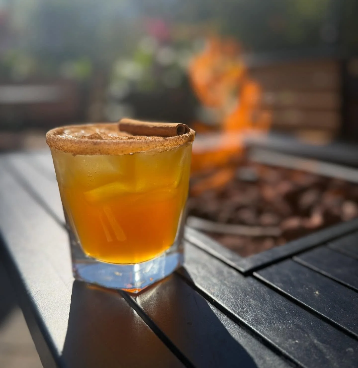 Apple Pie on the Rocks-  Apple Pie Fireball, vanilla vodka, fresh apple cider, and a sprinkle of cinnamon. Finished with a caramel cinnamon sugar rim for the perfect sweet &amp; spicy crunch