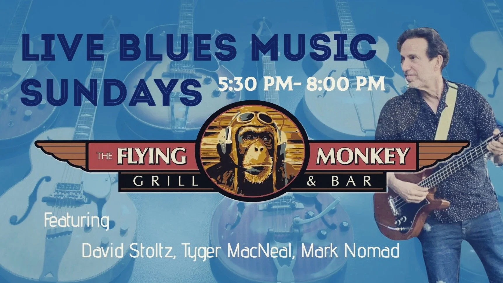 Come enjoy Sunday Blues with Dave Stoltz &amp; Company from 5:30&ndash;8 PM! End your weekend with great vibes, good people, and awesome food &mdash; only at The Flying Monkey Grill &amp; Bar. 🎶🍽️🍹

#SundayBlues #LiveMusic #DaveStoltz #FlyingMonke
