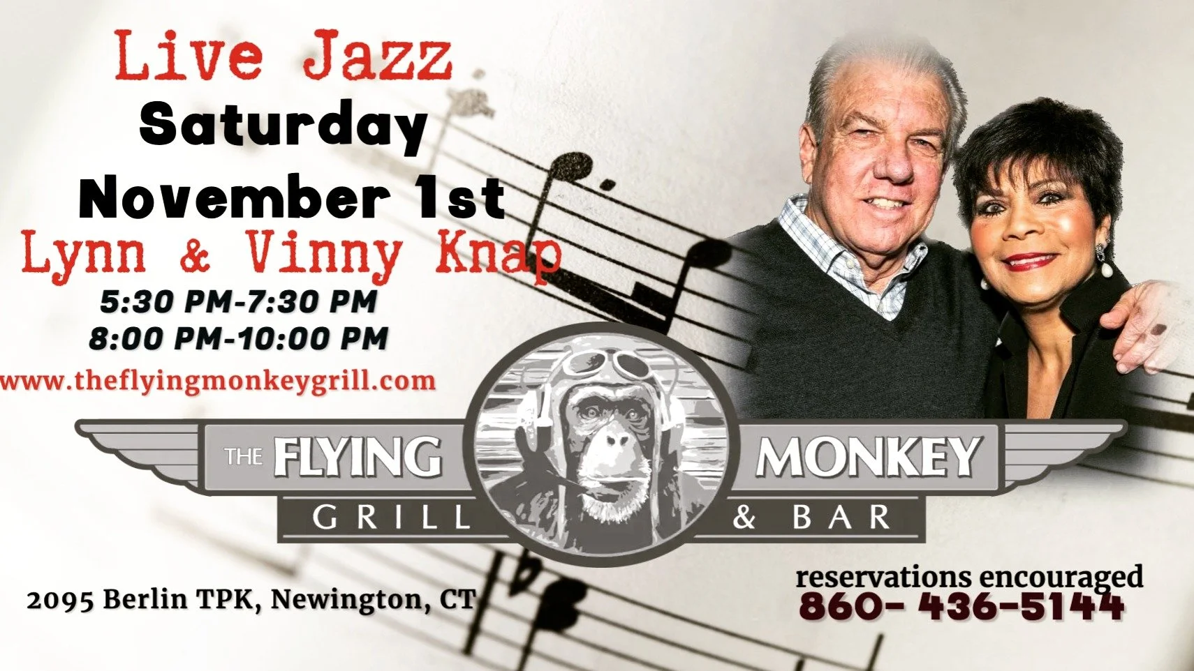 🎶 Come enjoy Lynn &amp; Vinny Knapp &amp; Friends live!
Experience an evening of smooth jazz from 5:30&ndash;10 PM while you enjoy dinner, or sip a cocktail at our spacious 40-seat bar.

Let your worries fade away with good vibes, great people, and 