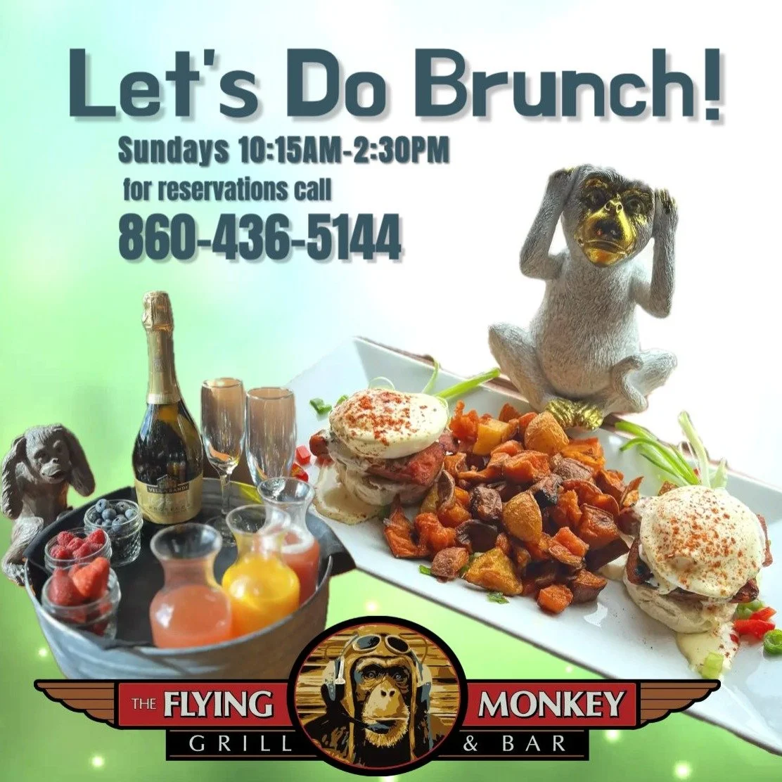 🥂 End Your Weekend with Sunday Brunch!
Join us at The Flying Monkey Grill &amp; Bar from 10:15 AM&ndash;2:30 PM for a creative brunch menu, signature Mimosas, and Bloody Marys that hit the spot.

Great food, good people, and amazing vibes &mdash; th
