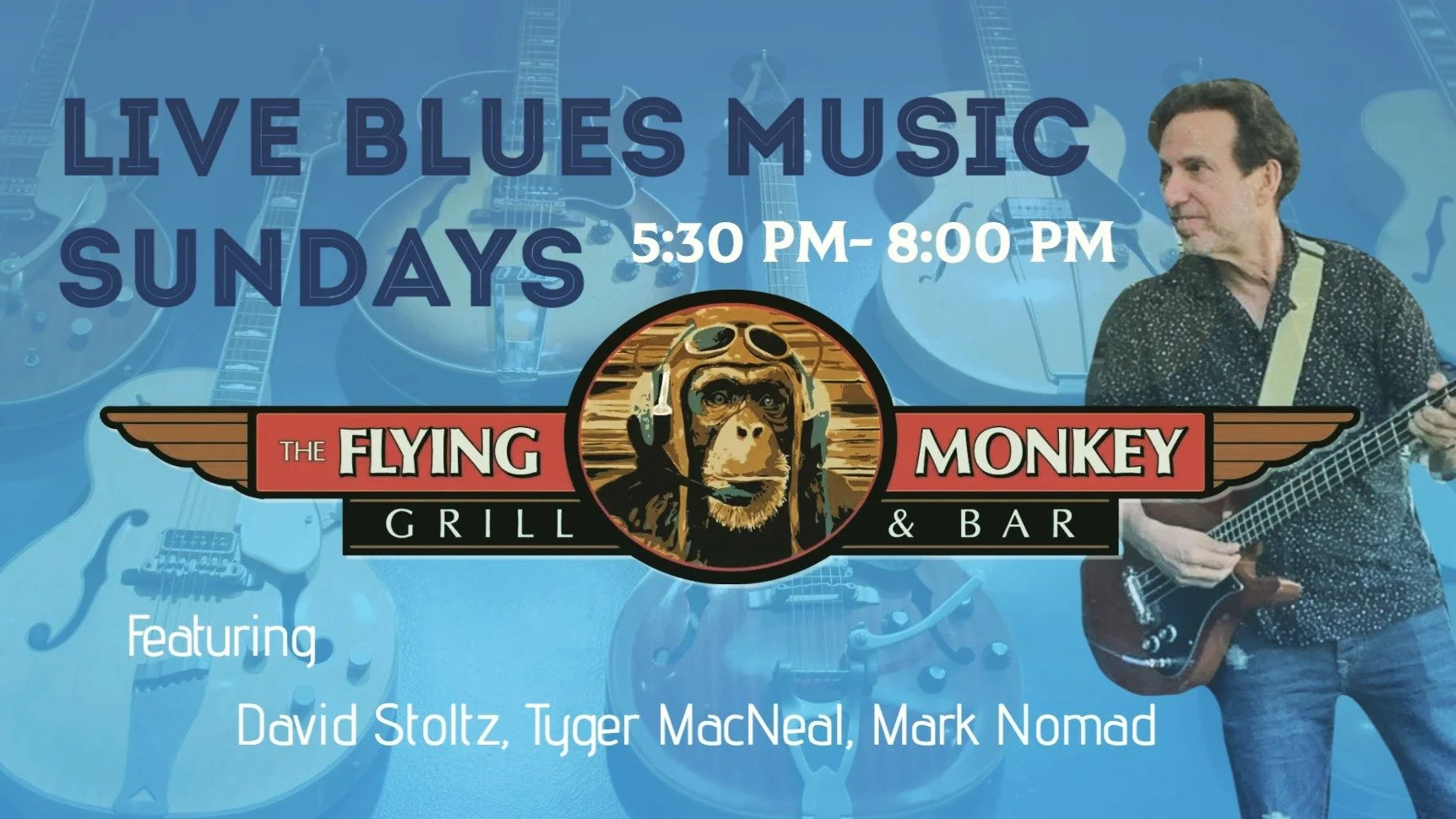 🎶 Sunday Blues &ndash; This Sunday 5:30&ndash;8 PM!
Enjoy Dave Stoltz &amp; Friends live, bringing you smooth blues to wind down your weekend.
Pair the music with your evening meal or sip a cocktail while soaking in the sounds.

Only at The Flying M