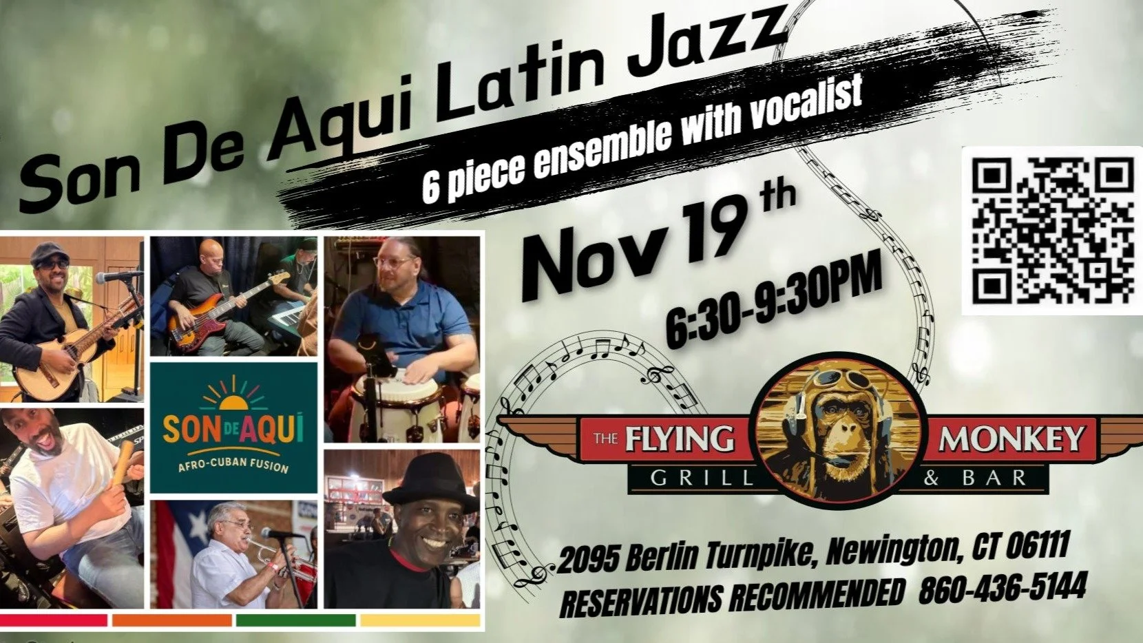 🎶 New Latin Jazz Band This Wednesday! 🎺, Come check out Son De Aqu&iacute; Latin Jazz, a 6-piece ensemble with vocalist, live on stage 6:30pm&ndash;9:30pm., Feel the rhythm, enjoy the energy, and vibe with us at The Flying Monkey Grill &amp; Bar &m
