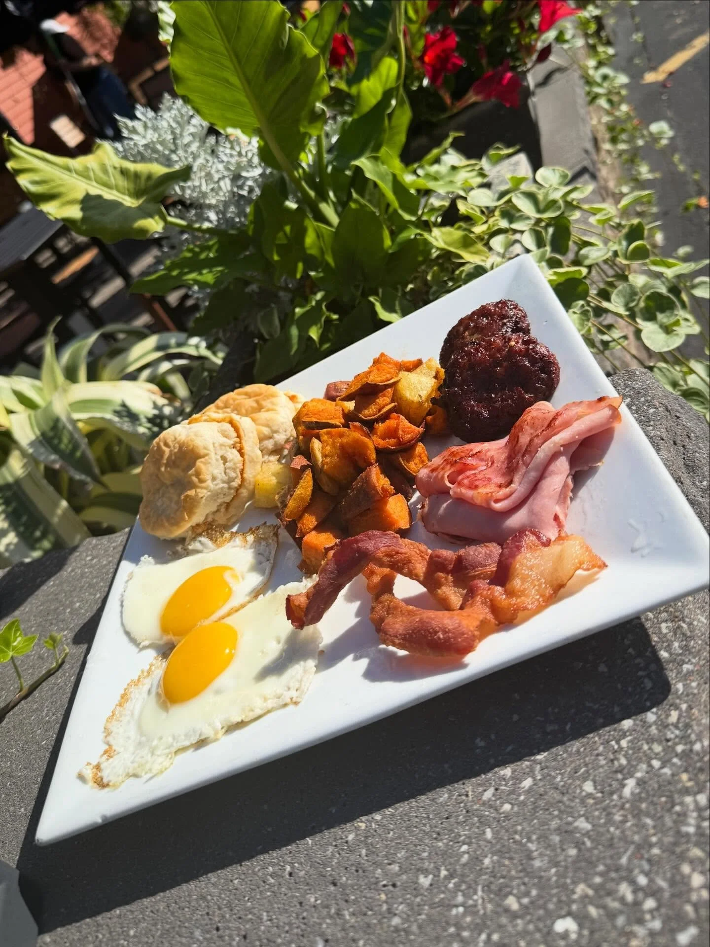 The Hungry Monkey- Fuel up for takeoff with two eggs, crispy bacon, Virginia ham, hearty sausage patties, fuffy buttermilk biscuits, and our golden house-made home fries &mdash; a breakfast built for a high-flying appetite