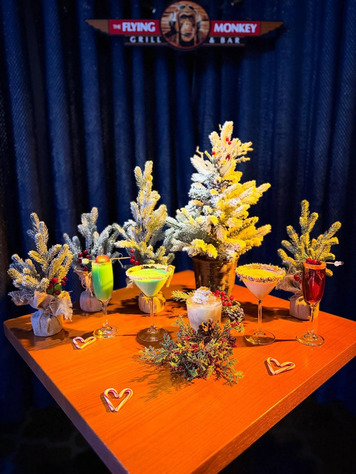 Holiday Sips Are Officially Pouring! 
From left to right, meet the festive five:

The Grinch Mimosa &mdash; blue cura&ccedil;ao &amp; orange juice for the perfect mischievous green sparkle

The Grinchtini &mdash; green eggnog, vanilla vodka &amp; cr&