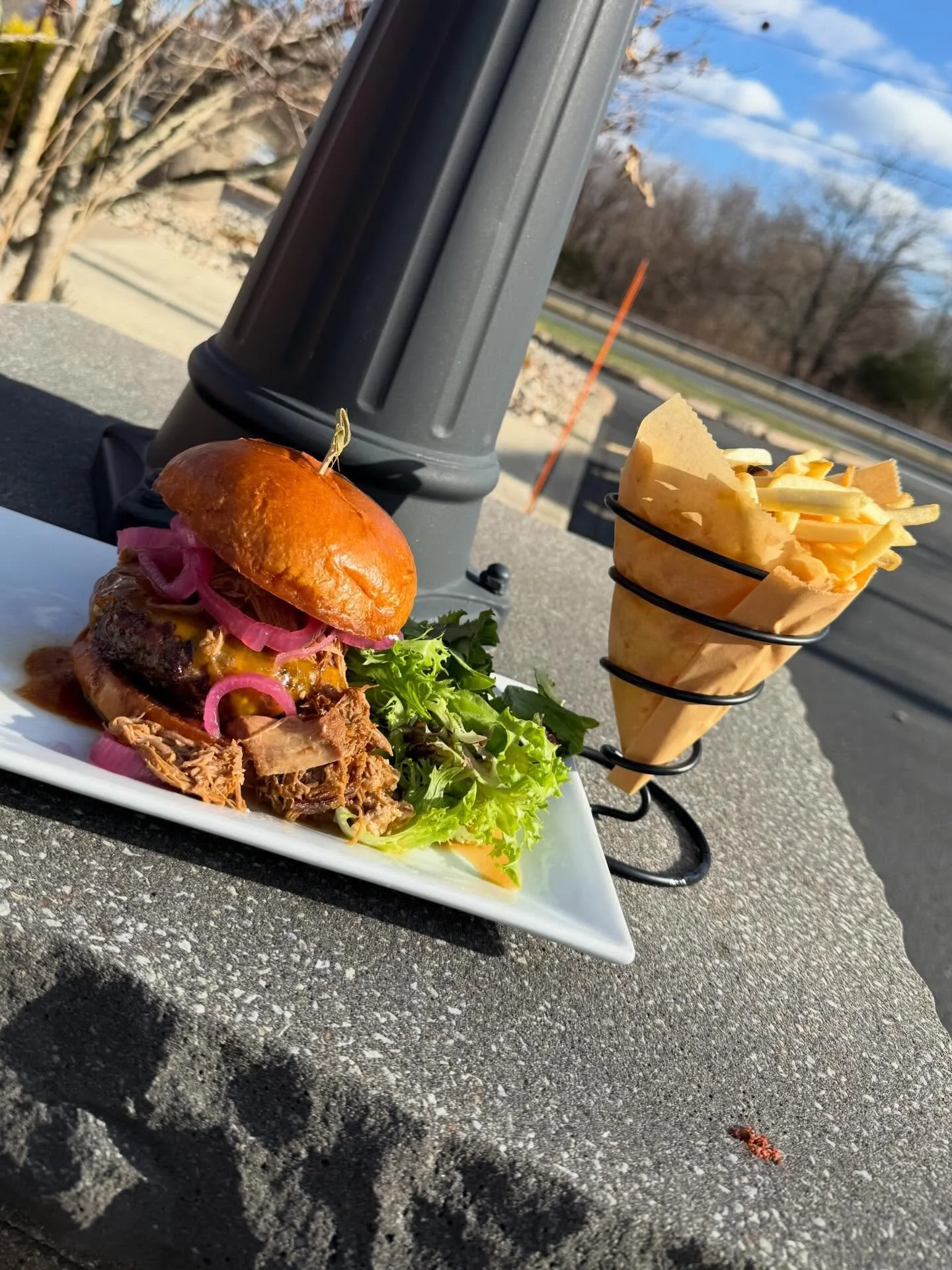 Guava BBQ Burger- Hand pressed angus beef on a toasted brioche bun topped with cheddar cheese house made guava BBQ sauce, bourbon pulled pork and pickled onions. Served with French cut fries