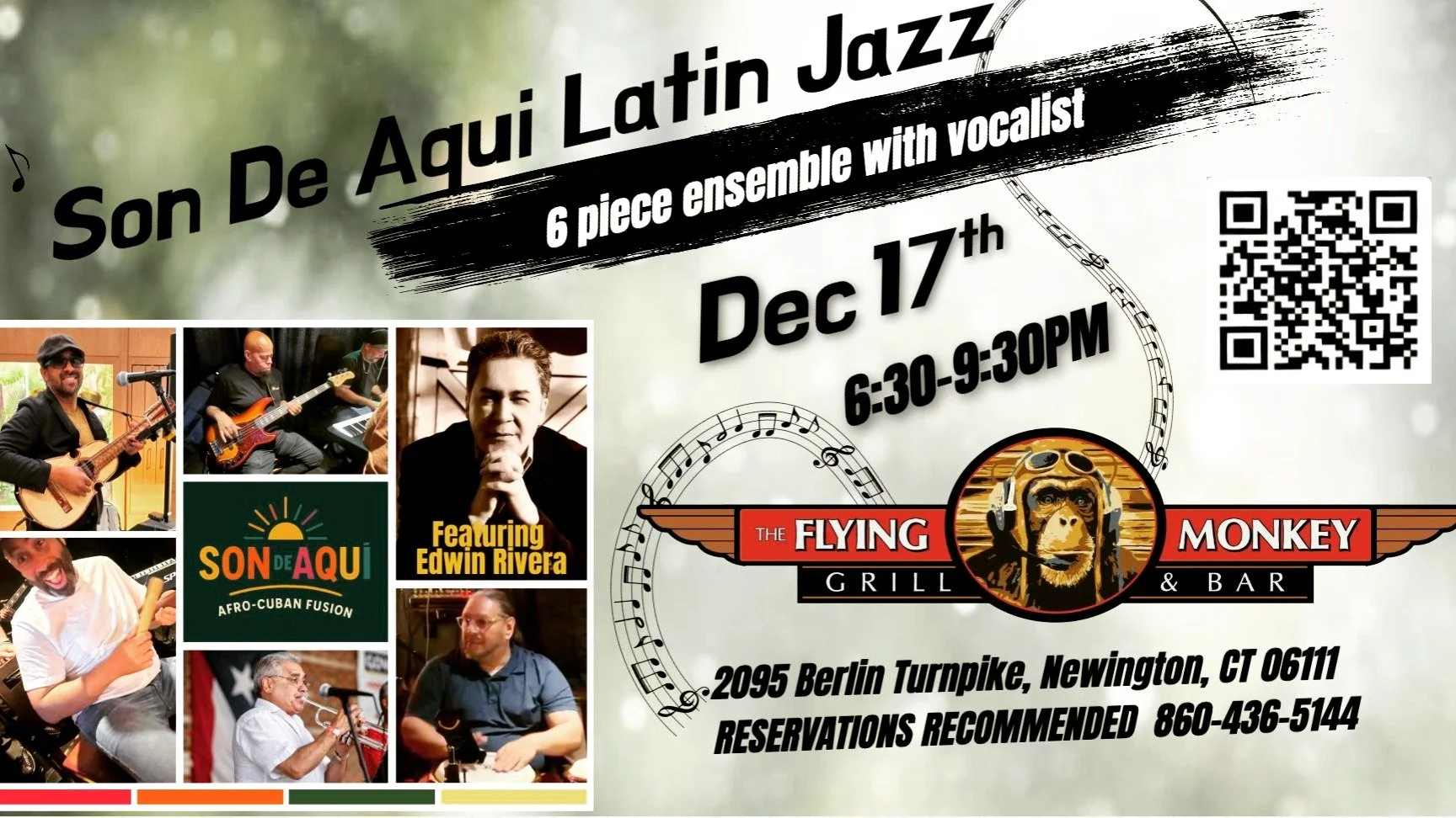 This Wednesday &mdash; Latin Jazz Night at The Flying Monkey Grill &amp; Bar! 🎶🔥
6:30&ndash;9:30pm featuring Son De Aqu&iacute; Band with special guest Edwin Rivera.

Come celebrate the holidays with lively Parranda-style music, Latin jazz, and muc
