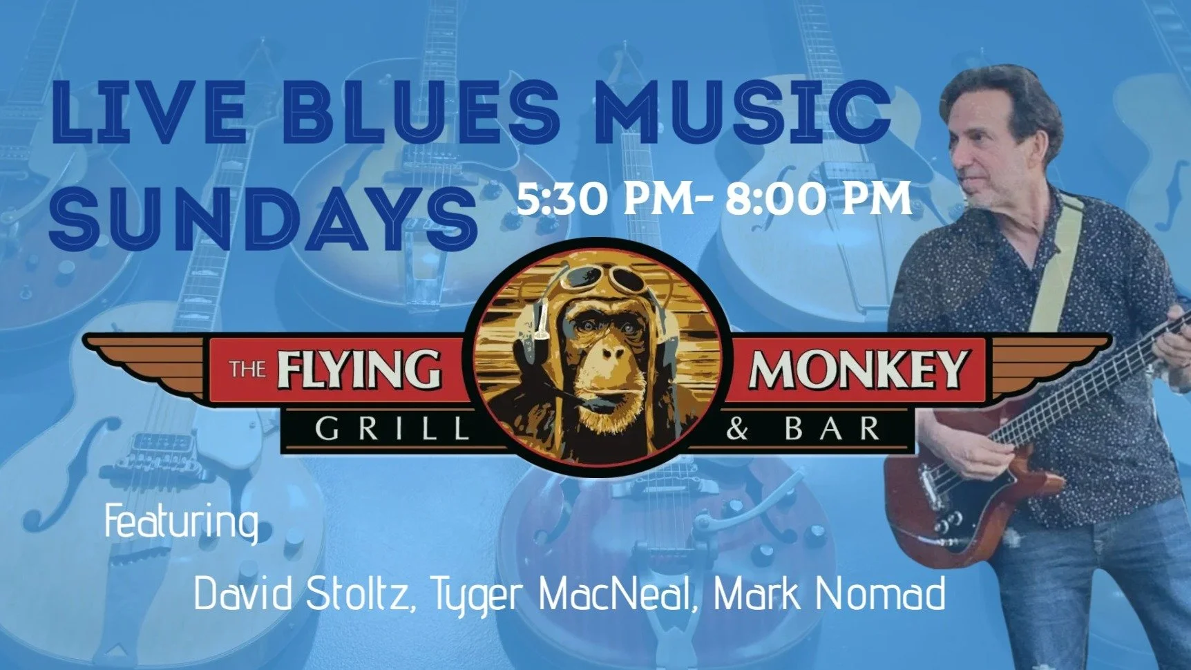 🎸 Blues Sunday | 5:30&ndash;8pm 🎶
Come feel the vibes with live blues, great music, great people, and great food at The Flying Monkey Grill &amp; Bar.

The perfect way to end your week. ✨
#SundayBlues #FlyingMonkeyVibes #LiveMusic